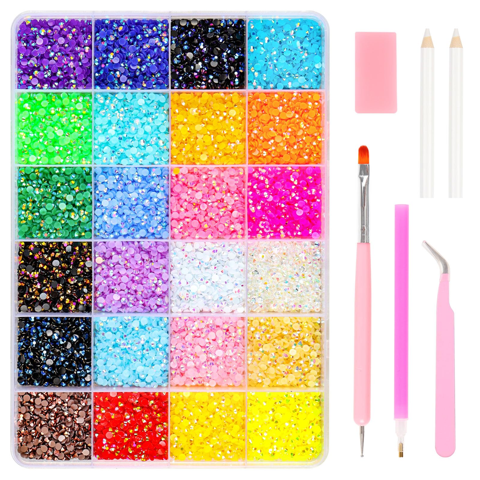 19200 Pieces Rhinestones for Nails, 3 mm Nail Art Strasssteine, 24 Colours Glitzersteine for Crafts, Flatback Gemstones, Round with Tweezers and Dotting Pen for DIY Nails Crafts Clothing Schuhe