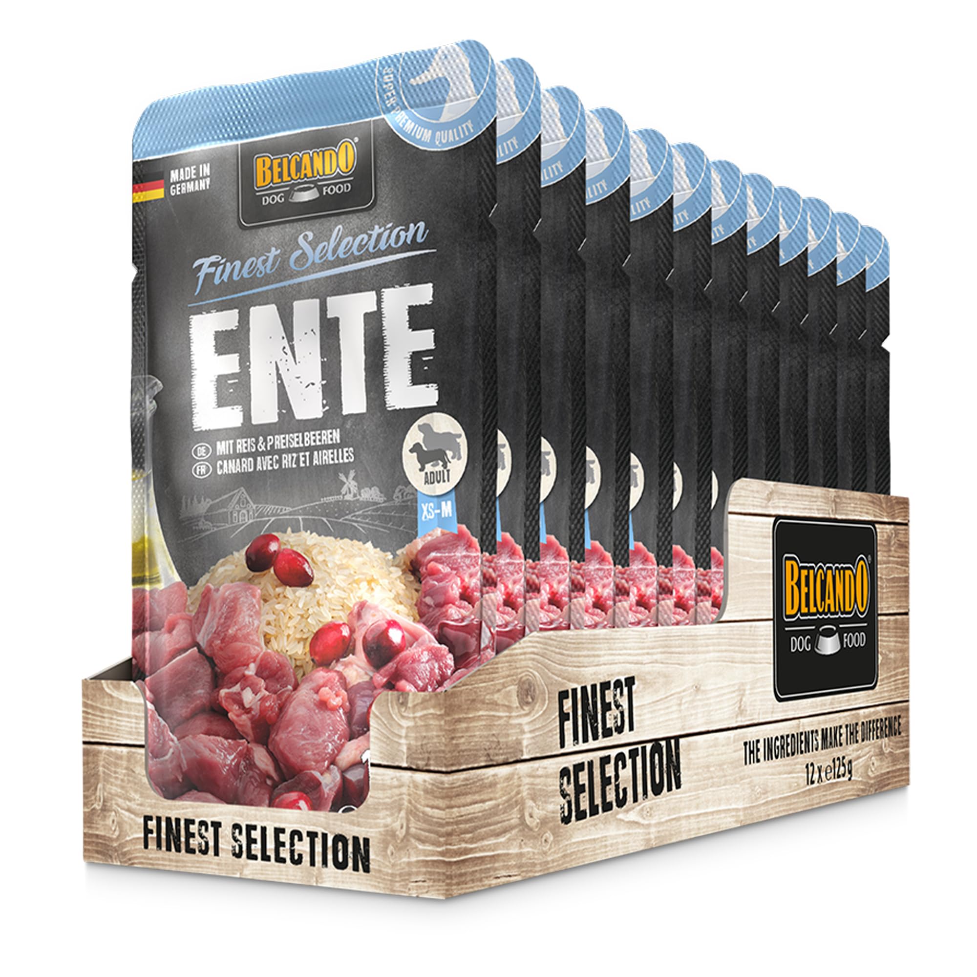 BELCANDO Frischebeutel [12x125g Ente mit Reis & Preiselbeeren] | Nassfutter für Hunde | Feuchtfutter Alleinfutter im Einzelportionsbeutel