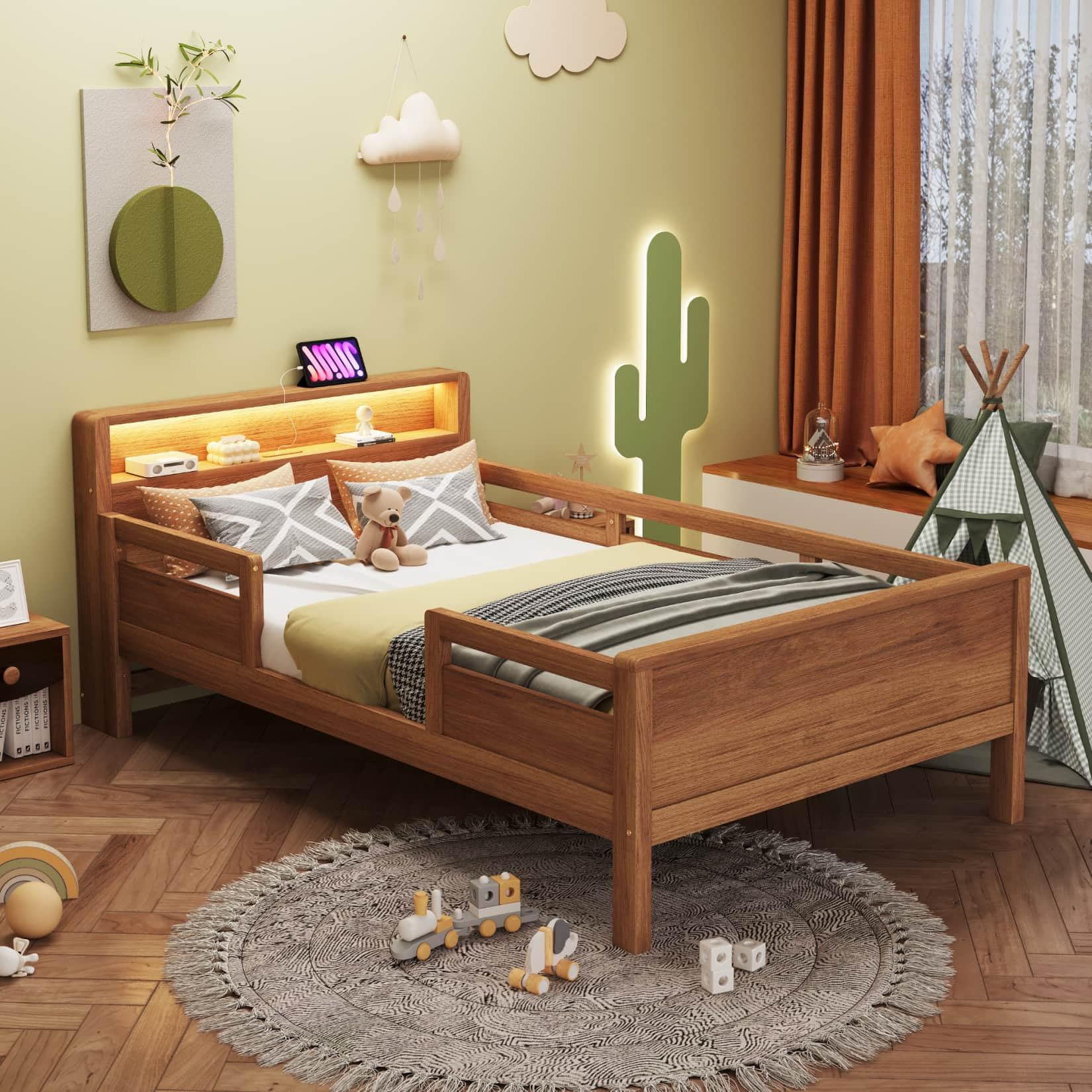 Lit Enfant 90x200 en Pin,Cadre de Lit 1 Personne avec Port USB-C,Éclairage LED,Tête de lit de Rangement,pour Enfants Adolescents (Couleur Bois)