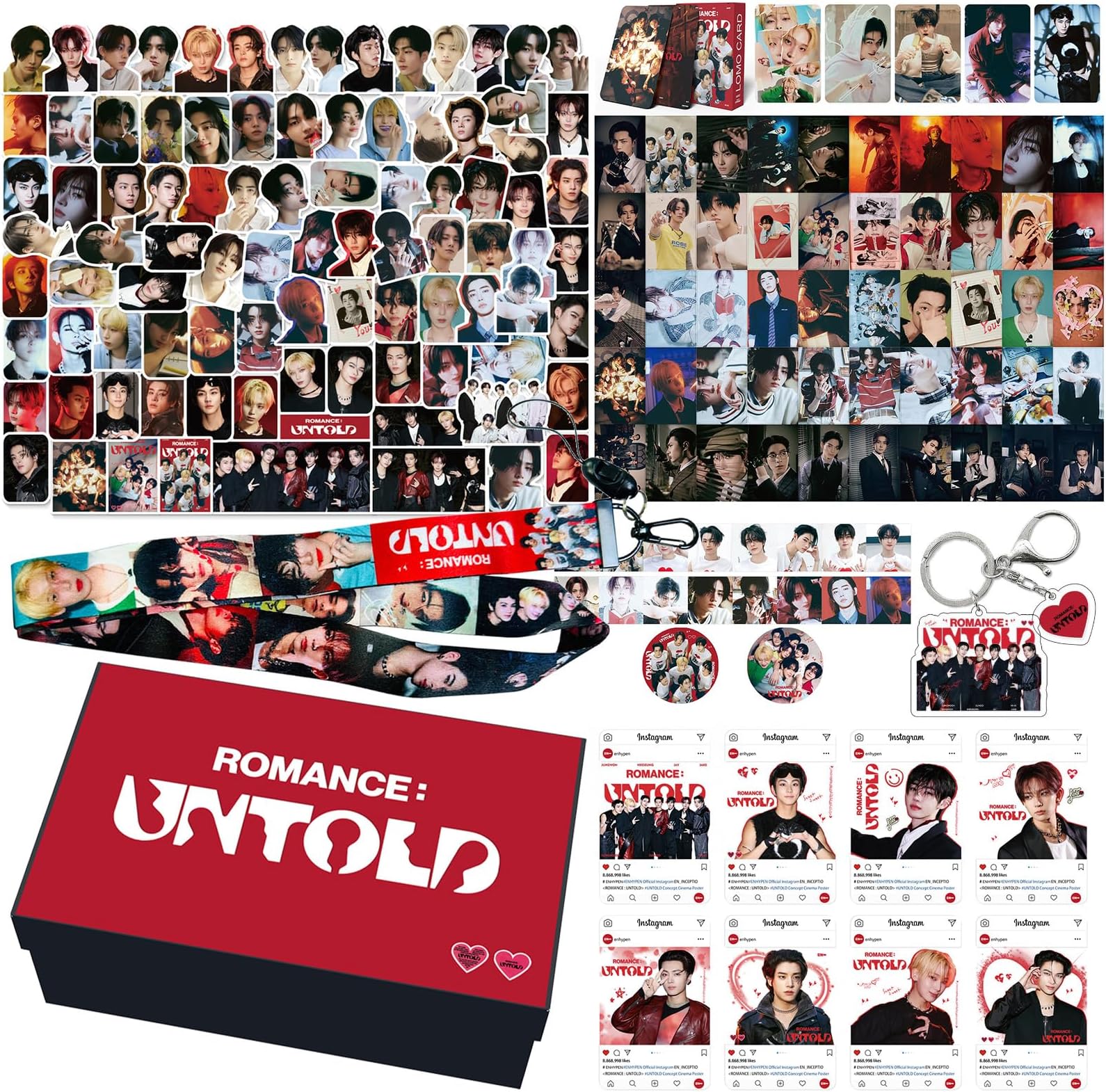 KPOPBPENHYPEN ROMANCE UNTOLD Album Merch Gift Box Set KPOP Merchandise 55 PCS Photocards, 90 PCS Stickers, Keychain, Lanyards, Gift for ENGENE Boys and Girls