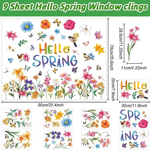 Miniatura 2 de 9 hojas de calcomanías de ventana de primavera con texto en inglés «Hello Spring» para ventanas, flores, mariposas, abejas, pájaros, calcomanías de