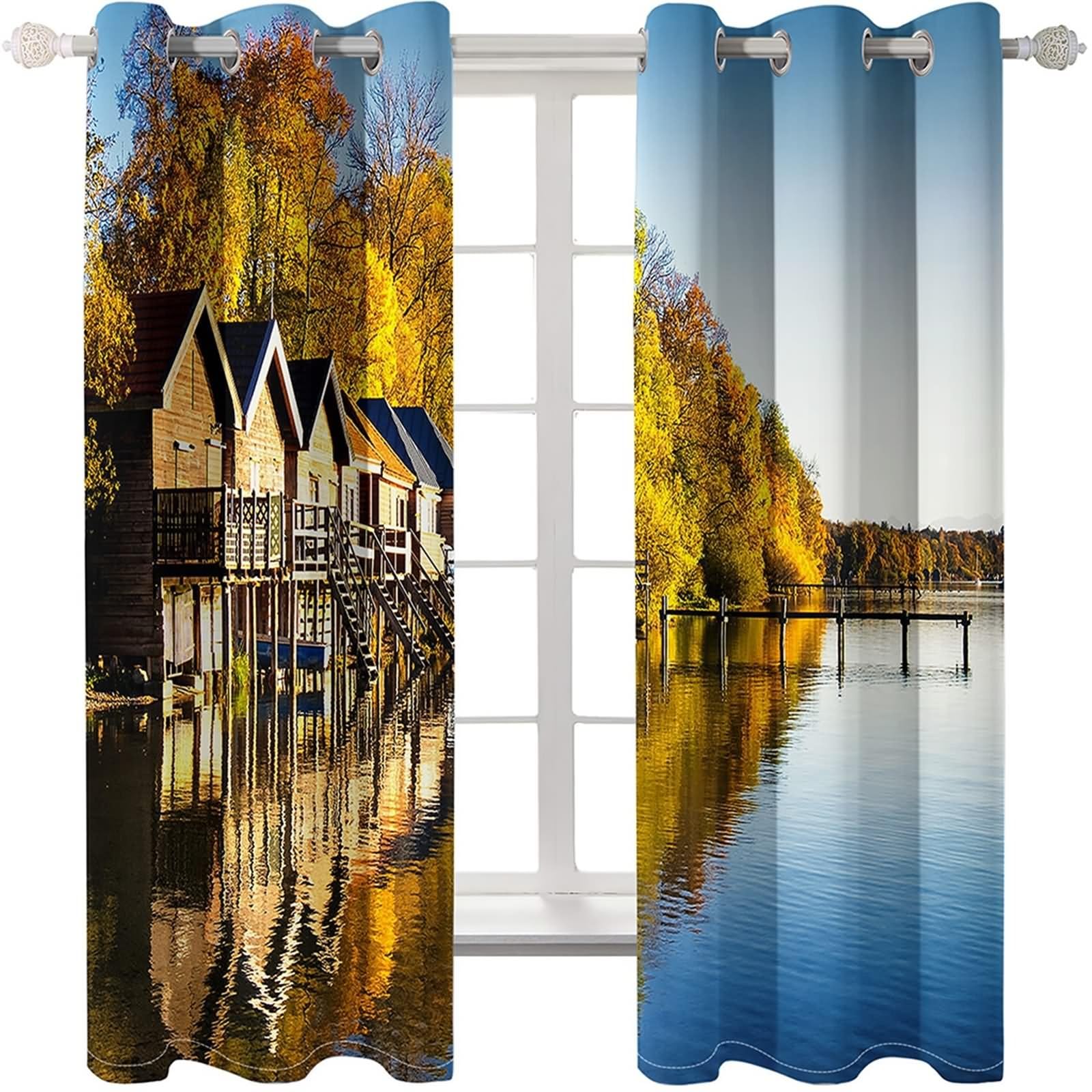 Gardine Landhausstil, Küchenvorhänge Gelb Blau Seehaus und Bäume Landschaft Polyester 2er Set 428x274cm