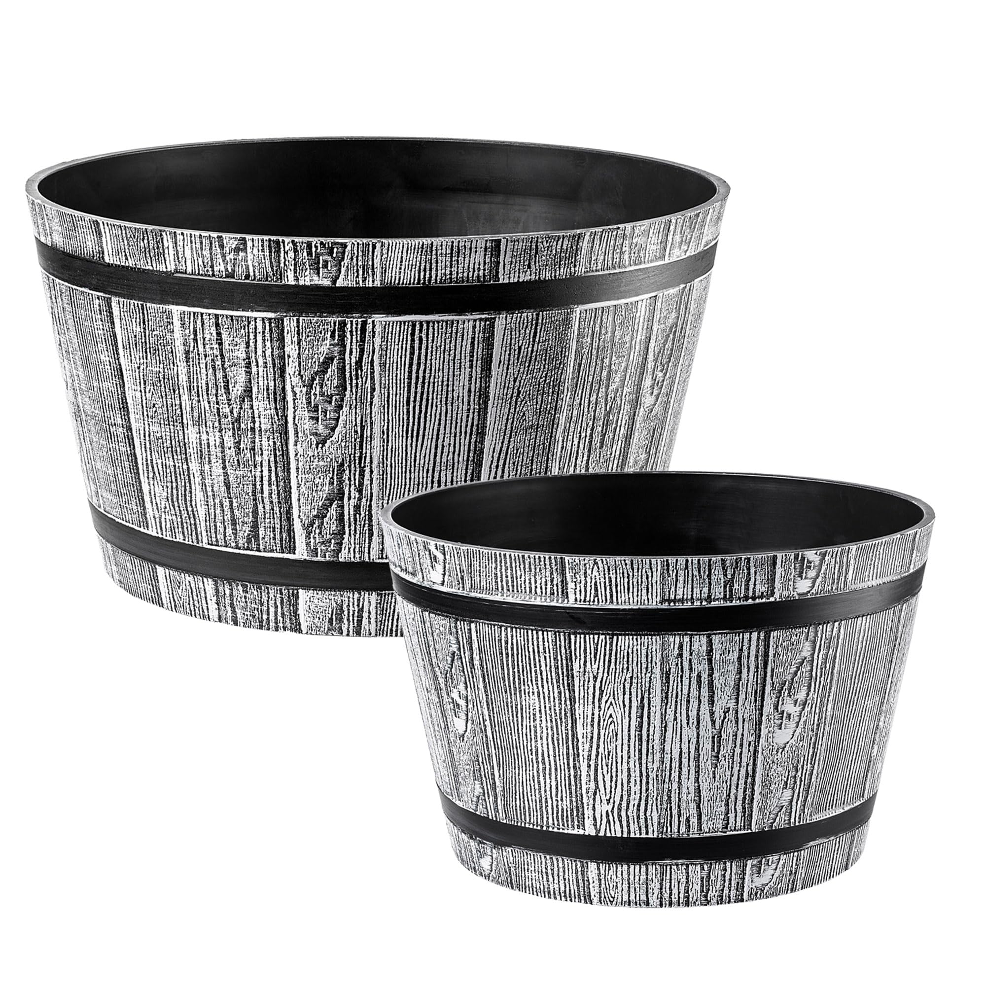 KADAX Grandi Vasi a Forma di Barile per Piante da Esterno, Vasi Decorativi in Plastica dall'Aspetto Naturale di Legno (Grigio Chiaro, Set di 2: 30 e 40 cm, ca. 10-25L)