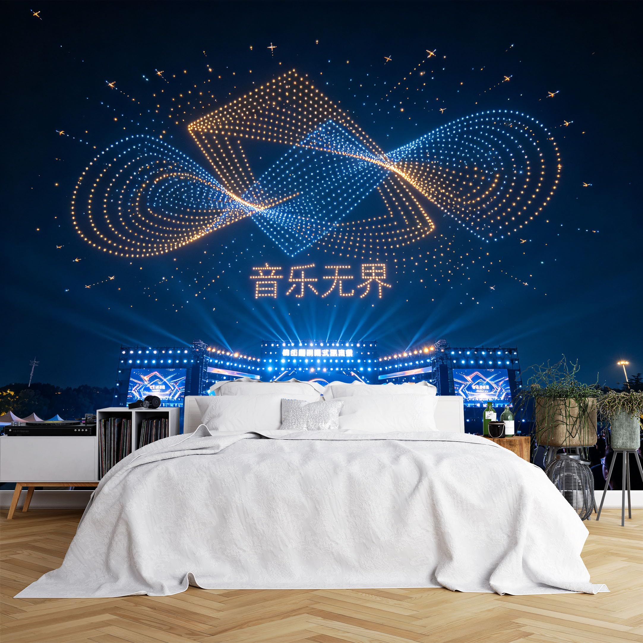 Custom Size Wall Murals Drone Light Show with Music Note Pattern at Night Concert Wall Murals Stage Scene Wallpaper, Vivid Self-Adhesive Removable Wallpaper for Party Room