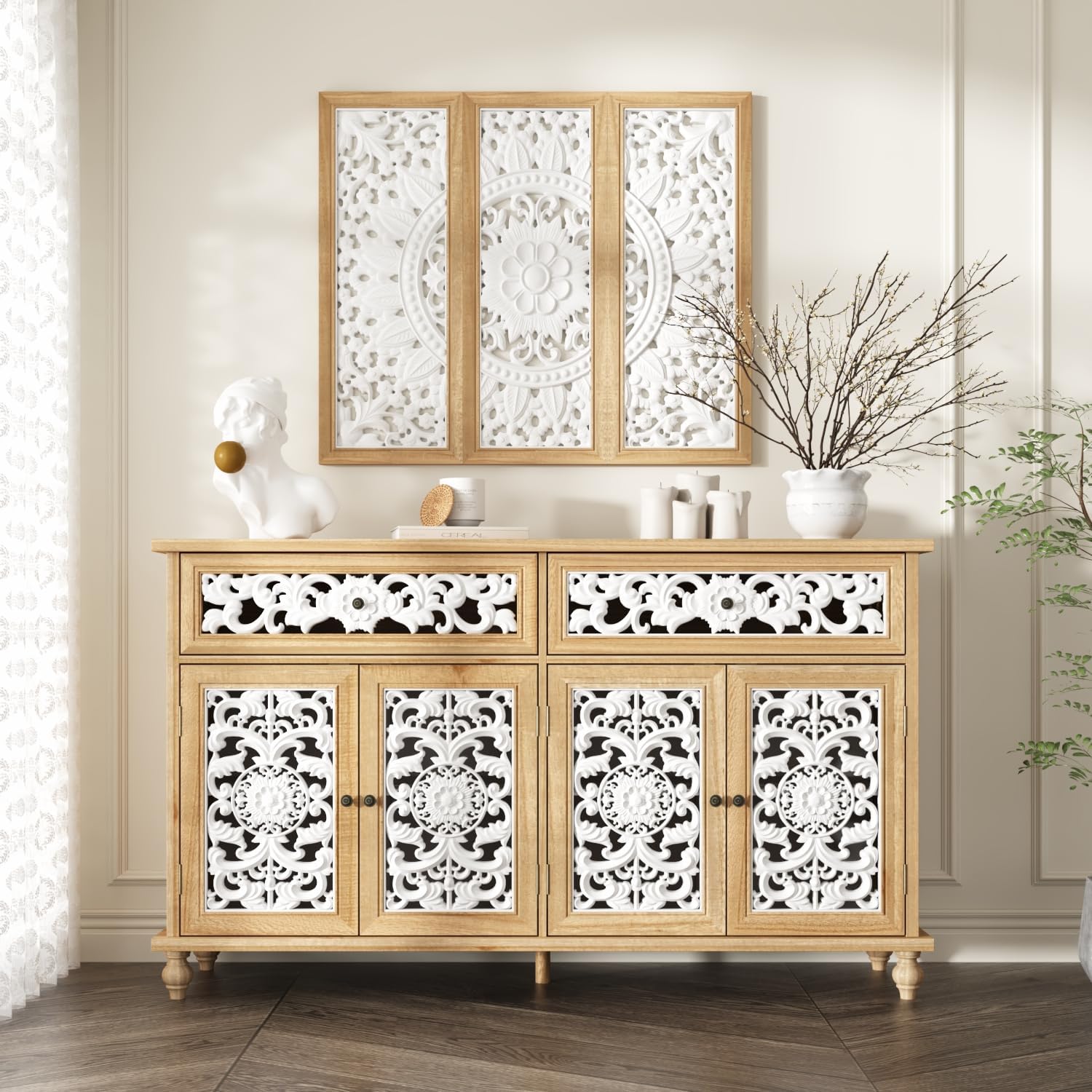 59" Sideboard Buffet Cabinet with Wall Sculpture Set, Handmade Hollow Carved Cabinet and Wall Art, Vintage Accent Storage Sideboard with 2 Drawers for Living Room, White & Wood Grain