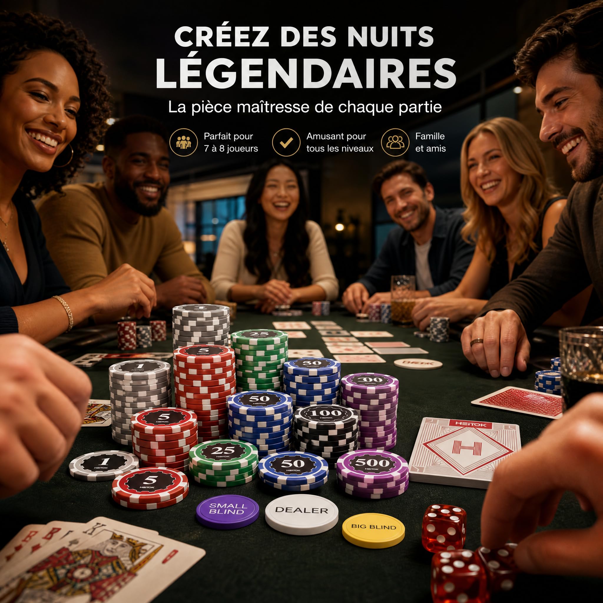 HEITOK Mallette de Poker Professionnelle 300 Jetons Numérotés 11,5g avec Insert Métal – Set Complet Texas Hold'em, 2 Jeux de Cartes, Dés, Boutons Dealer – Valise Aluminium pour Soirées Casino Adultes