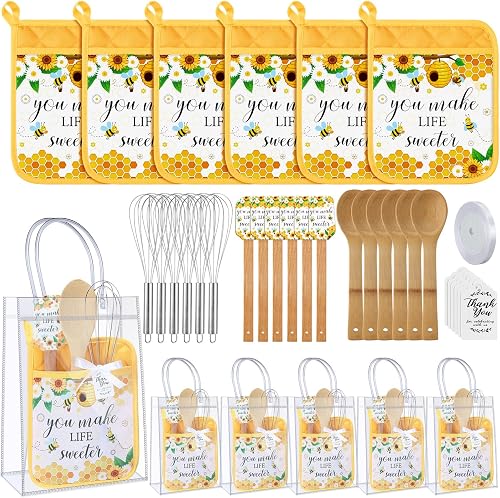 Teenyyou 6 Sets Baby Shower Game Prizes for Winners Potholder Silicone Spatula Bamboo Spoon Whisk Gift Bag Set Gifts for Guests Games Prize Wedding Bridal Baby Shower Favors (Honey)