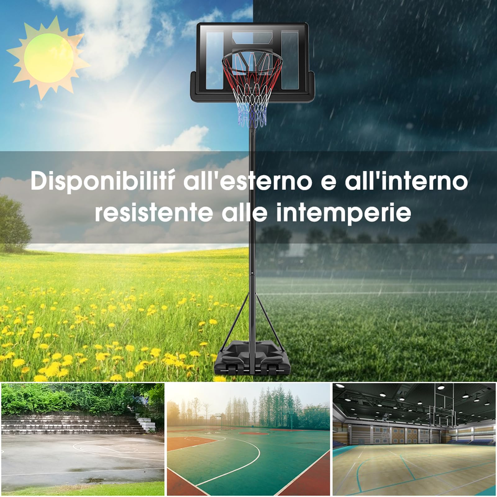 COSTWAY Canestro da Basket Portatile e Regolabile 180-305 cm, Canestro da Basket da Esterno ed Interno con Tabellone Resistente, Rete di Nylon e Base Riempibile, Ideale per Adolescenti e Adulti