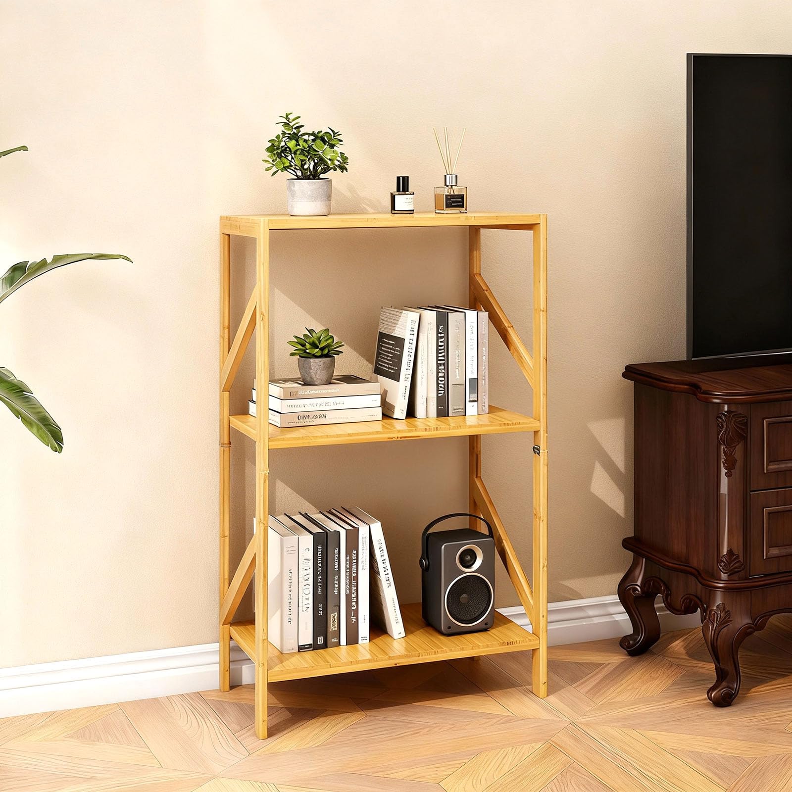 EIUTQRU Bamboo Bookshelf, 3 Tier Rustic Style Bookcase, Multifunctional Narrow Shelving Unit Storage Rack for Living Room, Garage, kitchen, Office, Bookroom, Corner, 42 x 30 x 80 cm (3 Tier)