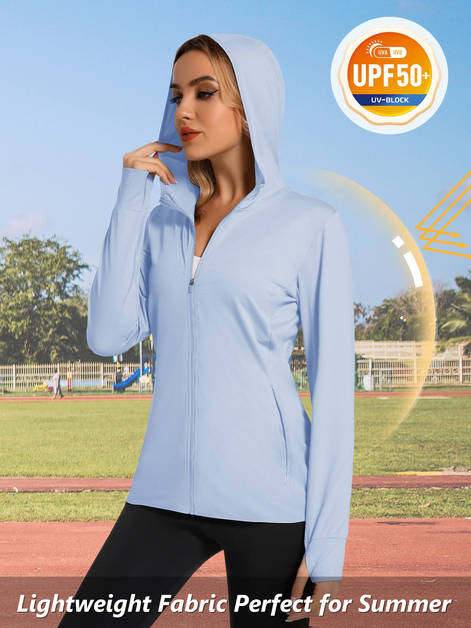TACVASEN Mujeres Hoodie Protección Solar Camiseta con Capucha Verano Chaque de Secado Rápido UPF 50+ Protección UV Bolsillos con Zip