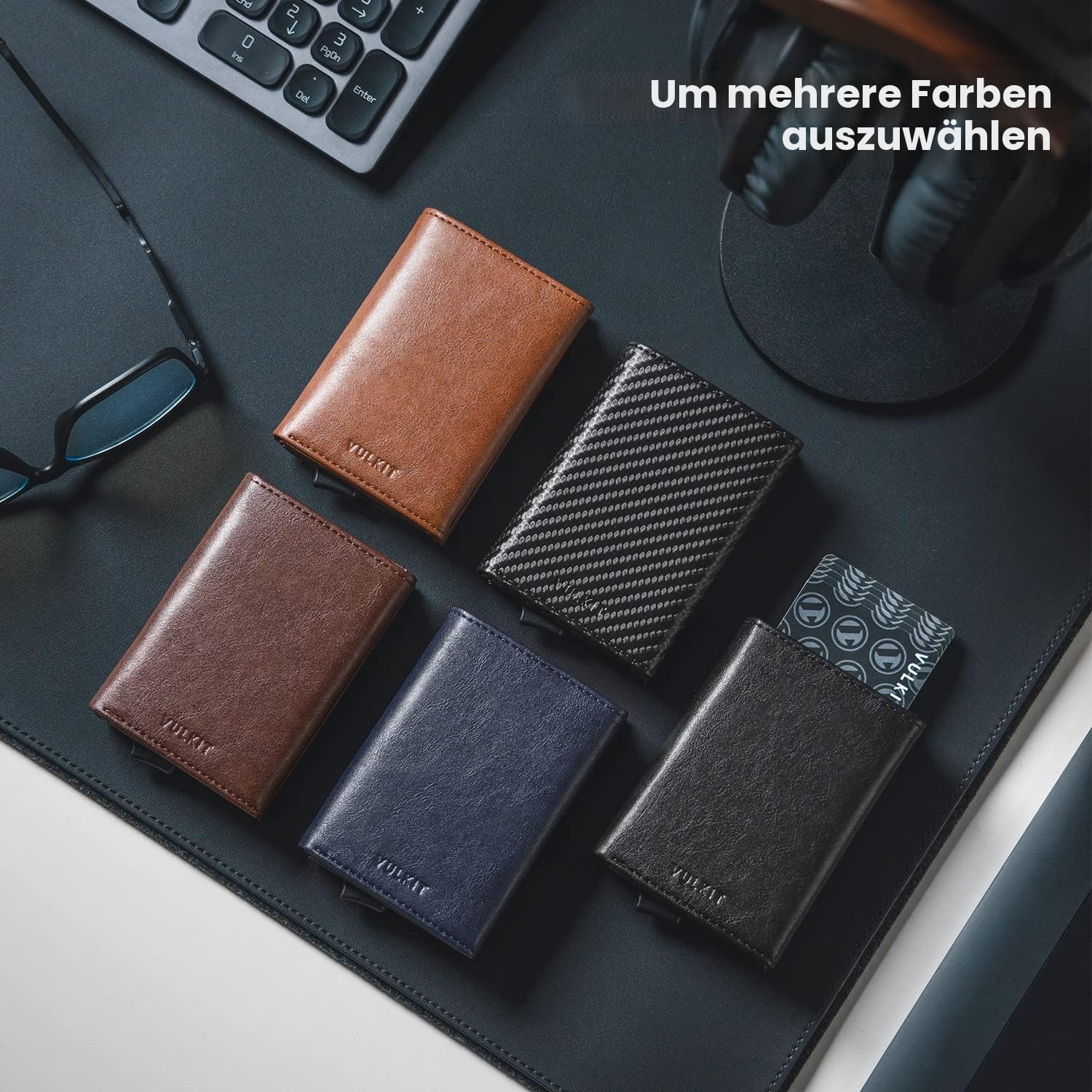 VULKIT Kreditkartenetui für Herren, RFID-blockierendes Leder Pop-up-Kartenetui mit Geldscheinfach