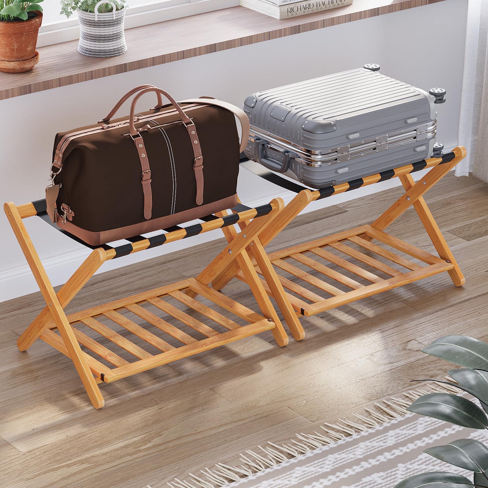 Semiocthome Fully Assembled Luggage Rack Set of 2, Honey Oak Folding Suitcase Stand with Storage Shelf, Wood Suitcase Rack fit Most Luggage Size, Luggage Holders Stand for Guest Room