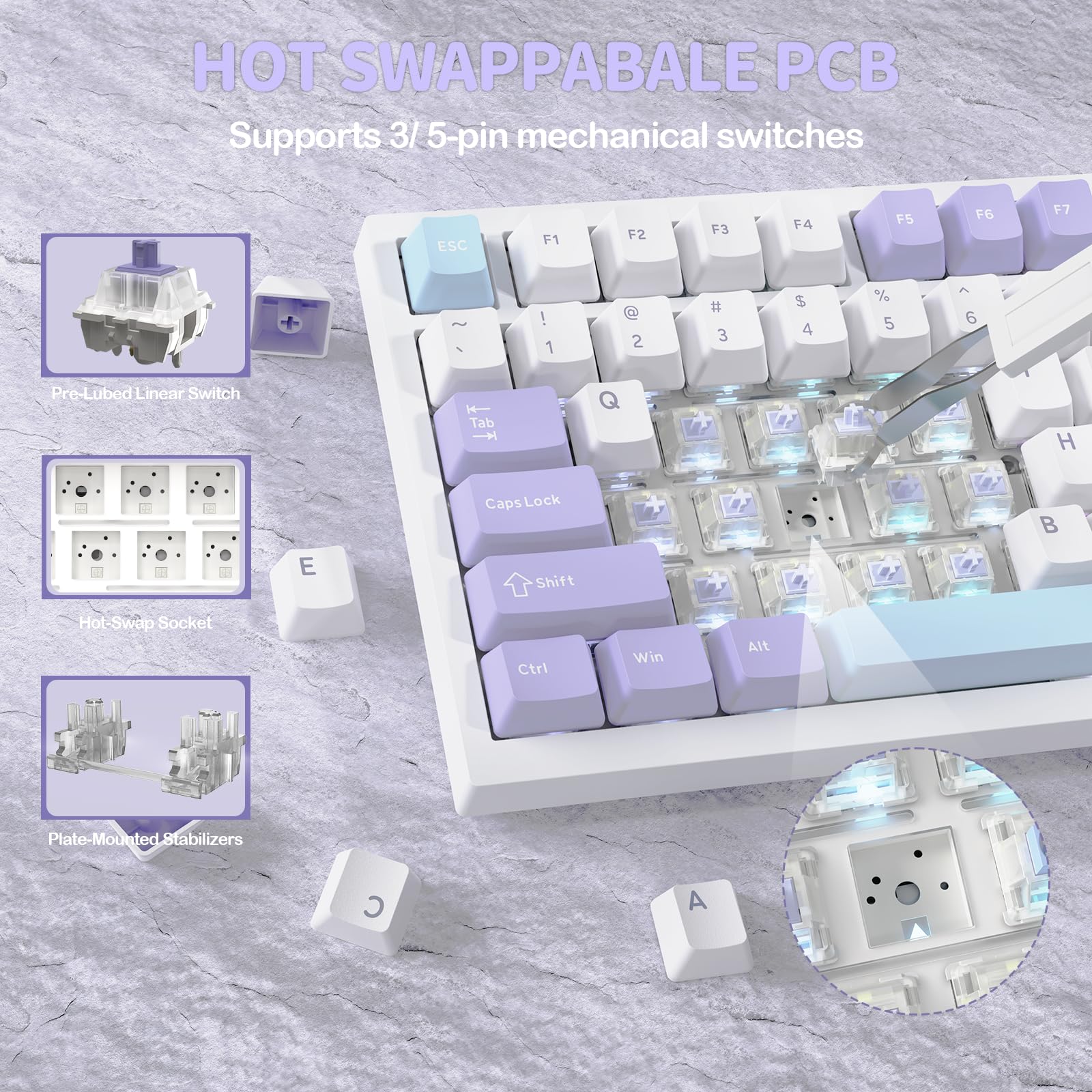 YINDIAO ATTACK SHARK X820 Ultra Gasket Mechanical Keyboard with TFT Screen & Knob, 75% ANSI Layout, 2.4Ghz/BT/Wired, 5 Sound Absorbing Foams, Hot-Swap Linear Switch, for PC,MAC (Purple, Gift Switch)