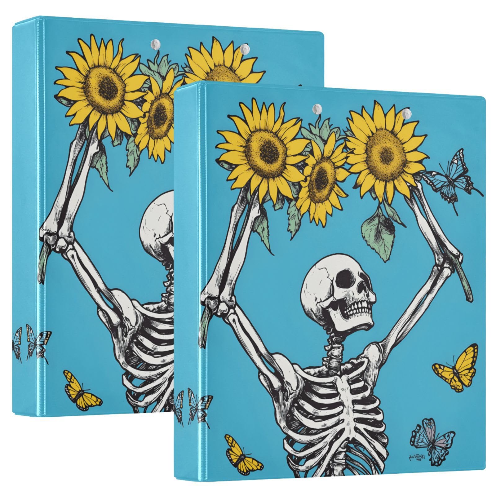 Confezione da 2 raccoglitori a 3 anelli, con teschio, girasoli, farfalla, 3,8 cm, con 3 tasche trasparenti, portablocco e contiene 200 fogli, per ufficio, scuola, organizzazione domestica