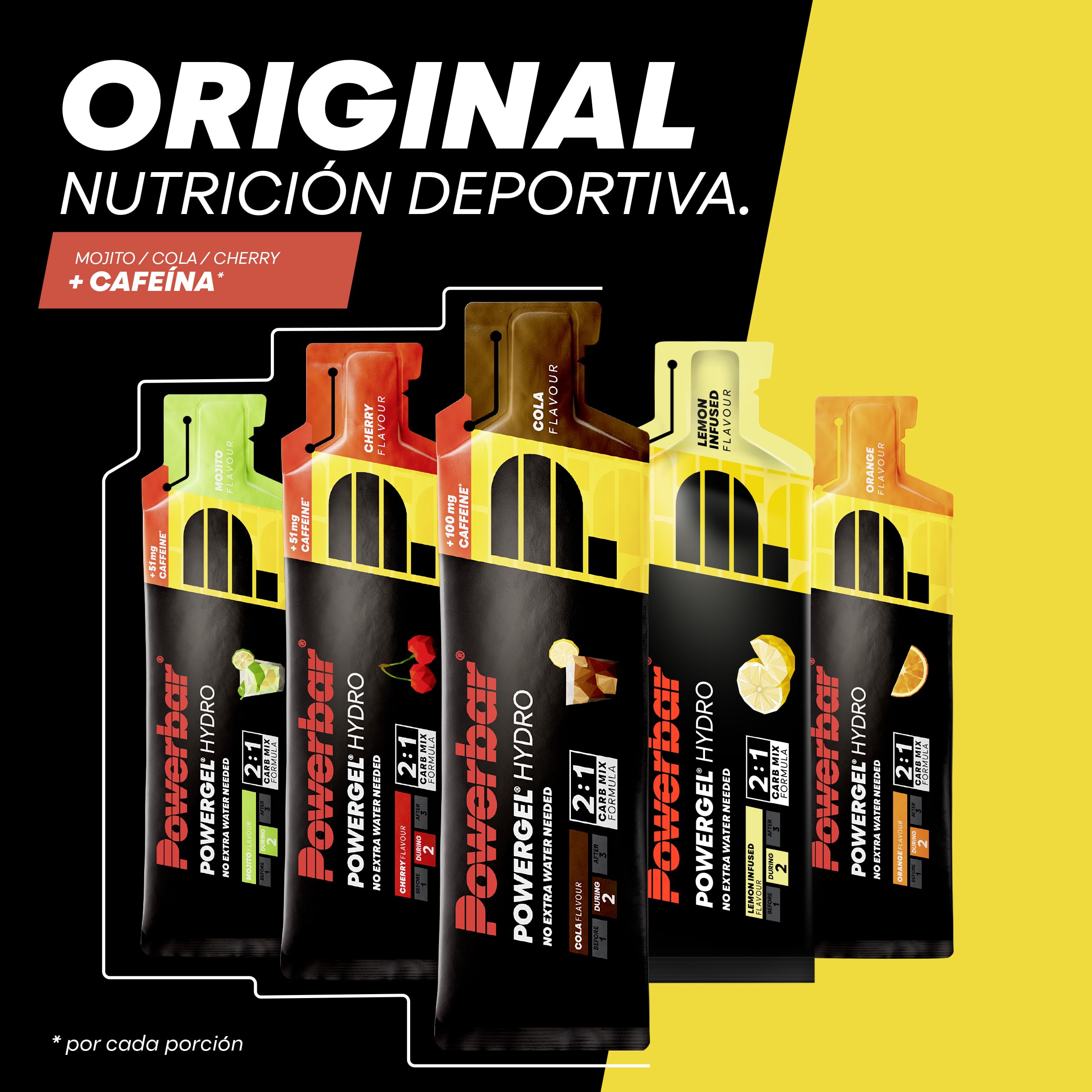 Powerbar - PowerGel Hydro - Mojito - 24x67ml - Gel energético alto en carbohidratos - Sodio - 51mg de cafeína