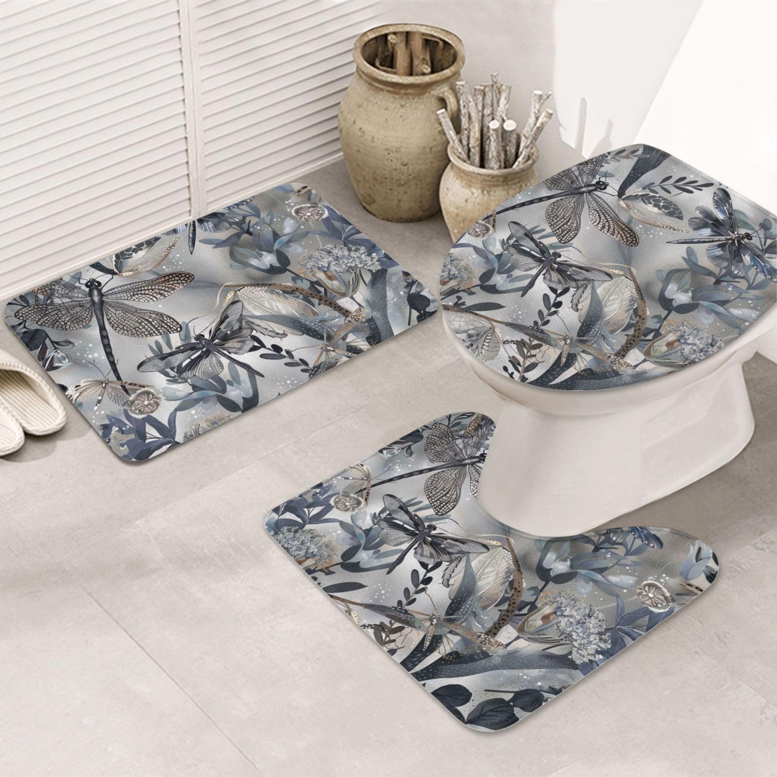 Tapis de bain flanelle gris lot complet avec tapis contour et couvre abattant toilette
