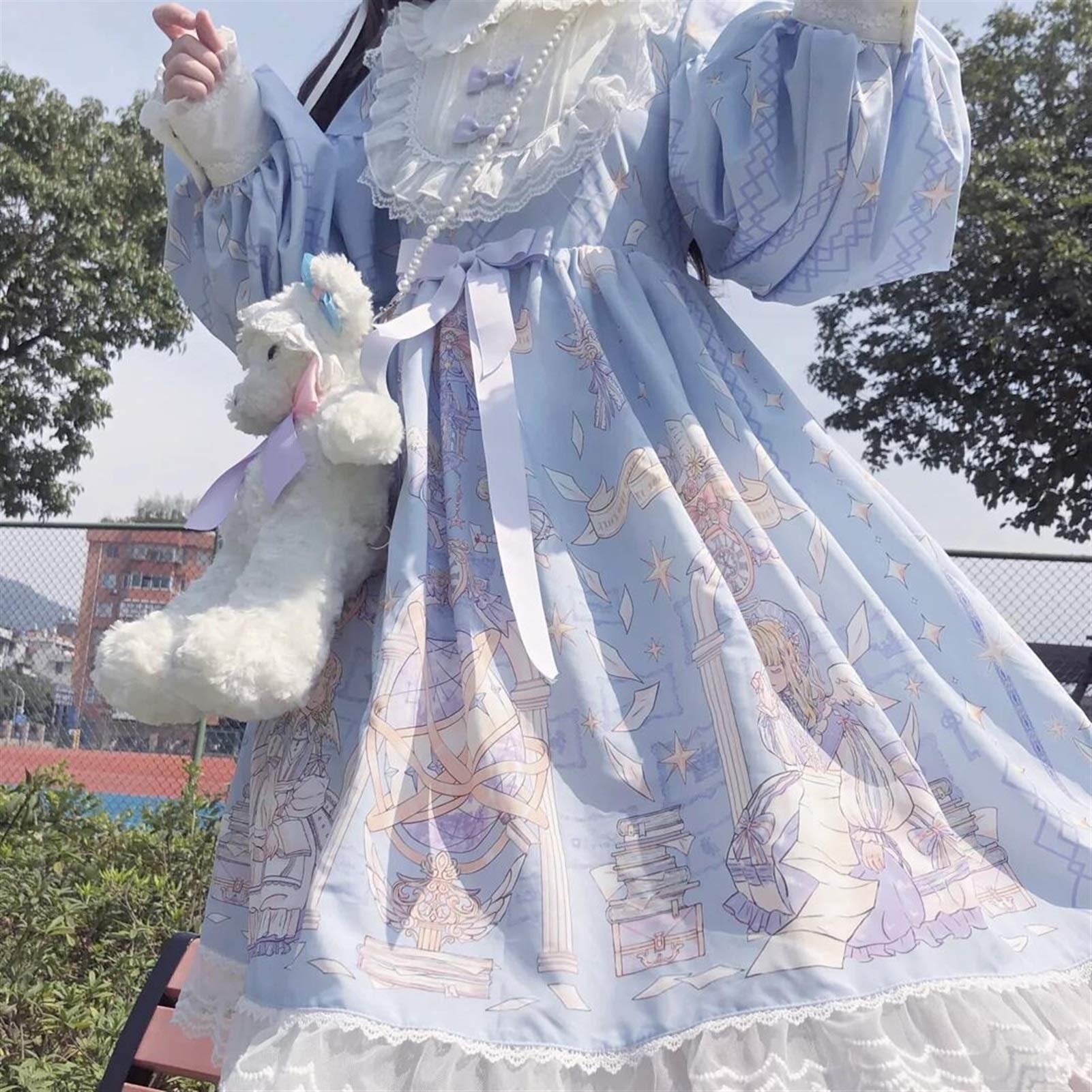 YUNCHENG Japanese Spring Summer sweet Lolita Dress Women Kawaii Victorian Tea Party Long Sleeves Lace Gothic Girls Lolita Dresses Cosplay (Size : Medium)