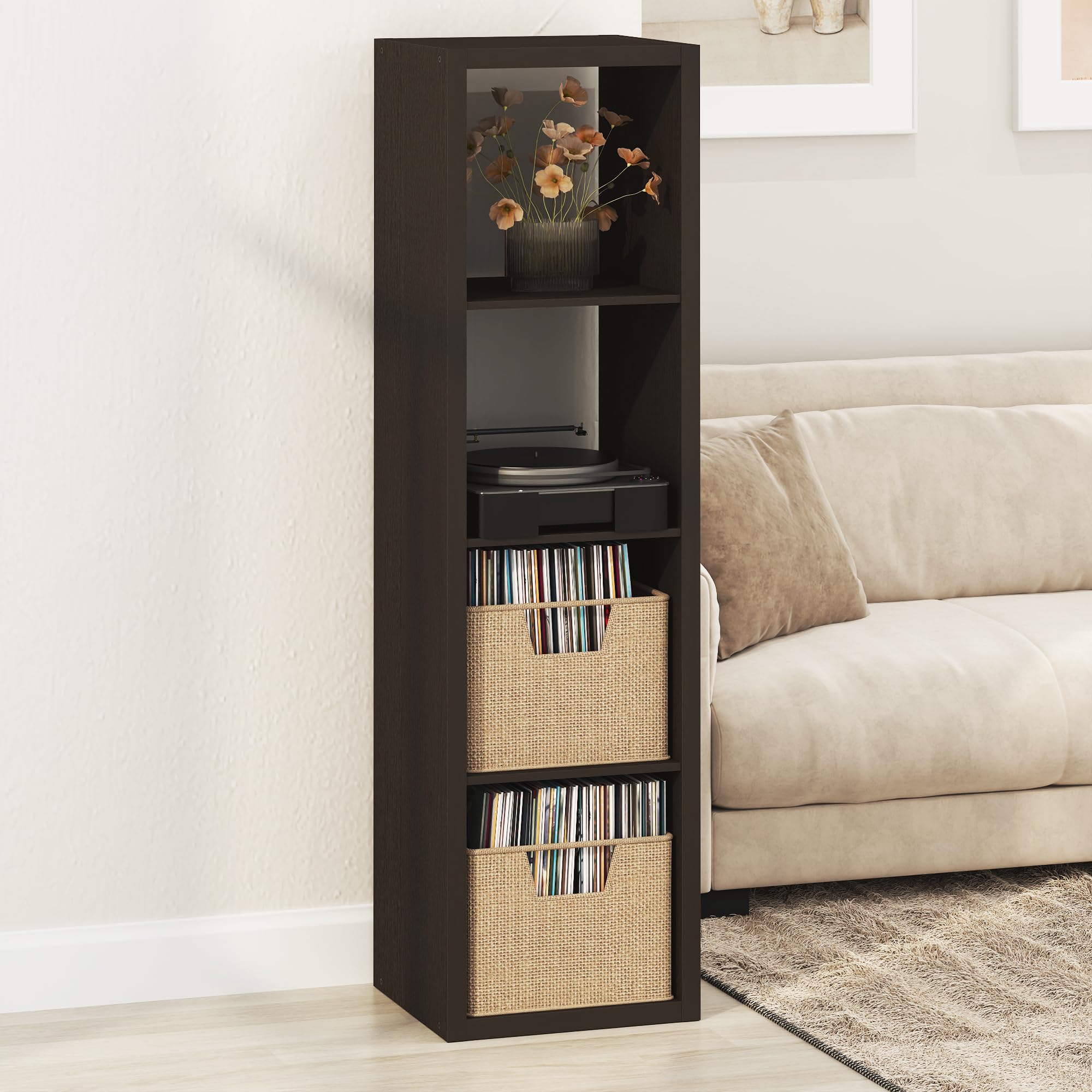 Furinno Cubicle 4-Cube Record Player Stand, Vinyl Record Storage, Black Oak