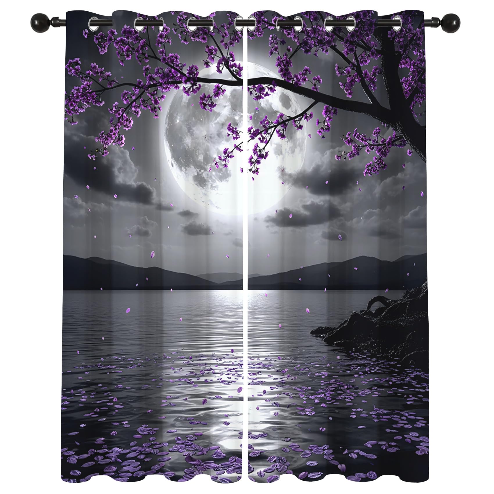 Mondlicht Kirschblüten Vorhänge Blickdicht Wohnzimmer Nacht See Motiv Vorhang mit ösen Gardinen 160 cm Hoch 2er Set Verdunklungsvorhänge für Schlafzimmer Fenster