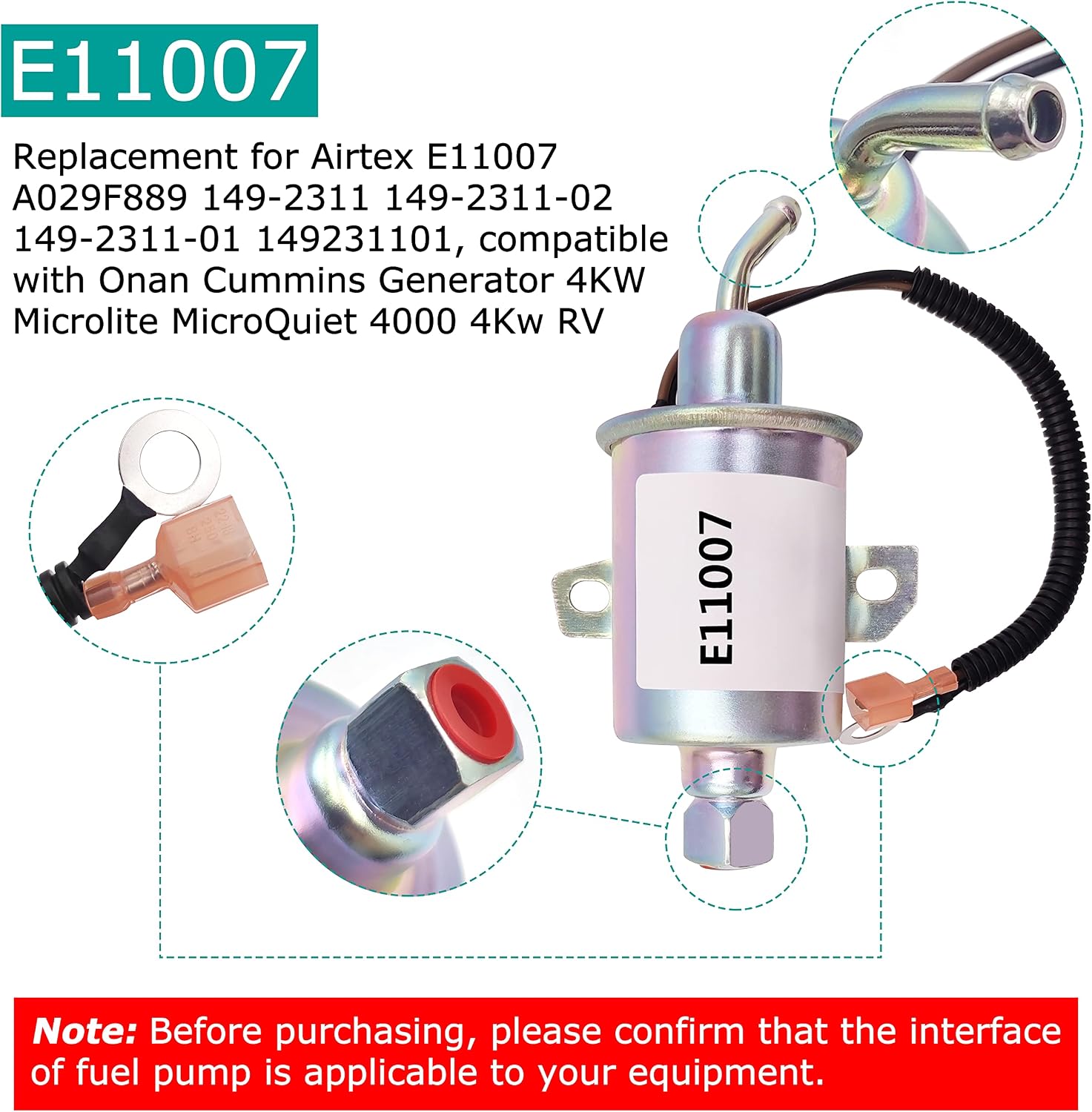 Electric Fuel Pump E11007 Replacement for Airtex E11007 A029F889 149-2311 149-2311-02 149-2311-01 149231101,Compatible with Onan Cummins Generator 4KW Microlite MicroQuiet 4000 4Kw RV