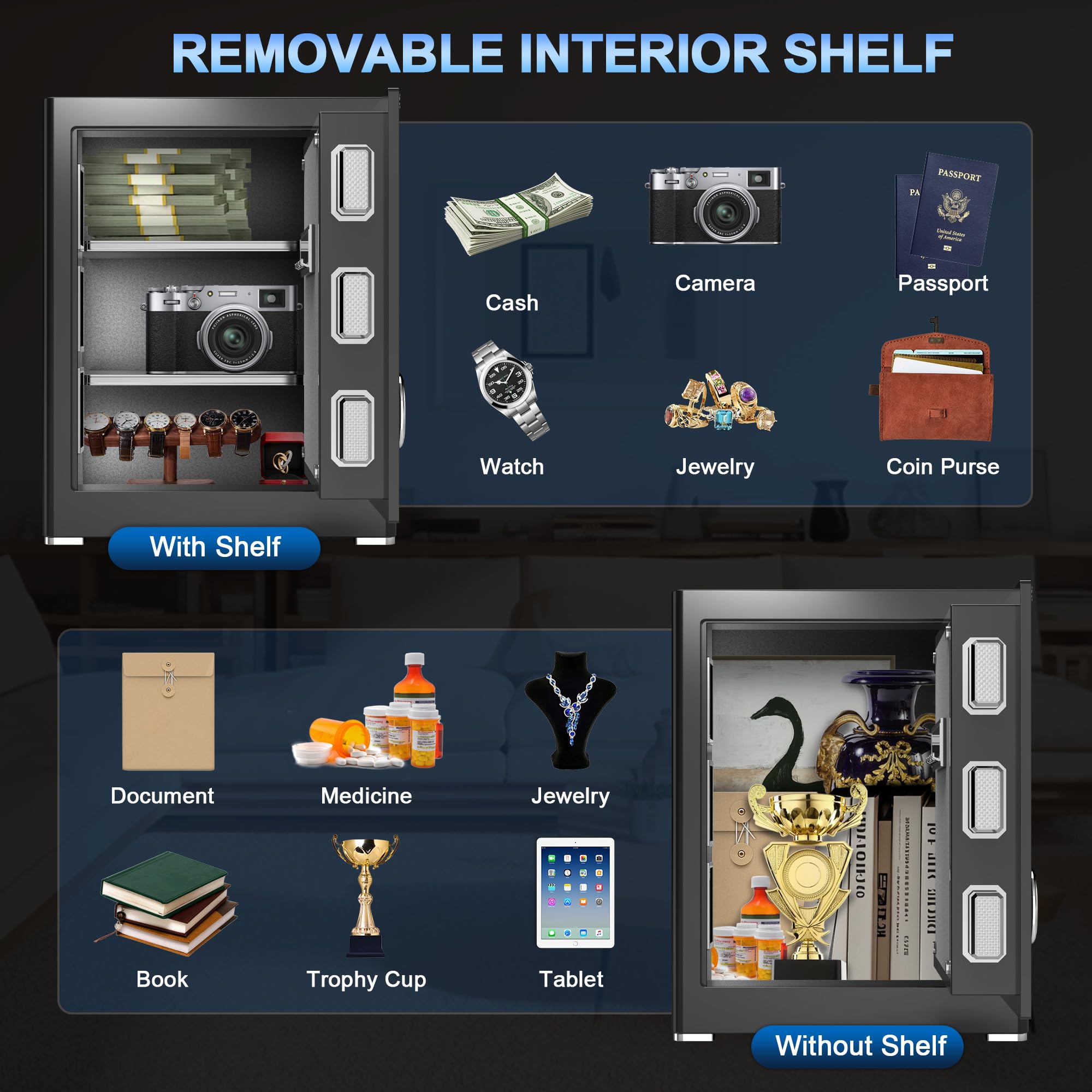 Cassaforte per la casa, con custodia impermeabile ignifuga, scatola di sicurezza elettronica con ripiano rimovibile, cassaforte personale con tastiera digitale per casa, ufficio, hotel (aggiornamento
