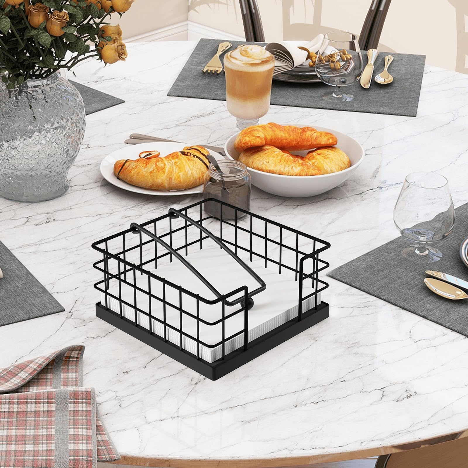 Homode Servilleteros para servilletas de papel, servilletero de granja para mesa, cesta plana con brazo pesado, dispensador de servilletas cuadrado para cocina, color negro