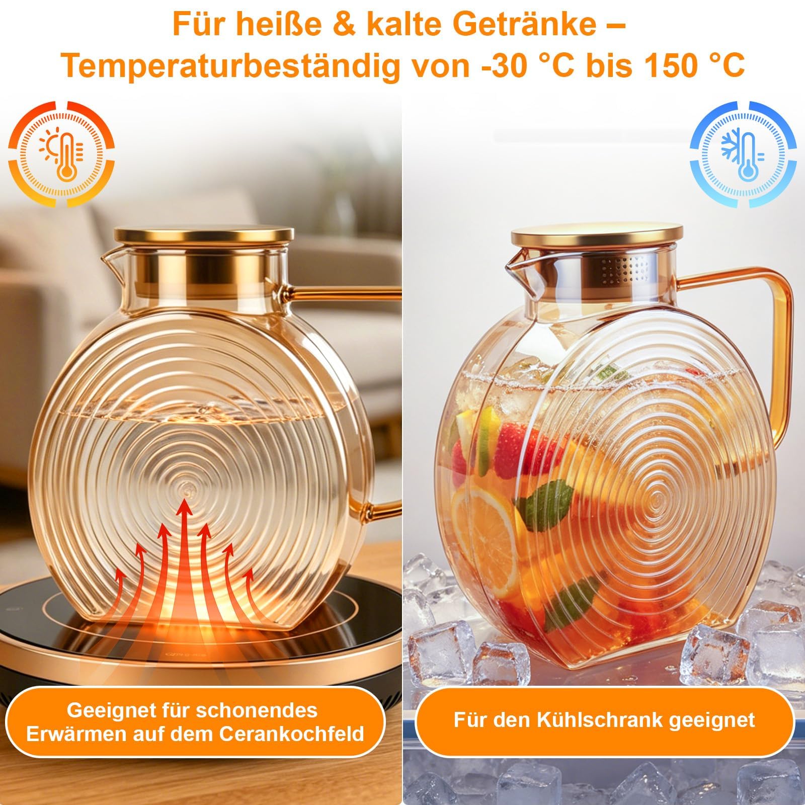 2,5 L Wasserkaraffe Borosilikatglas mit Edelstahldeckel Champagner | Glaskaraffe aus Borosilikatglas, Für Heiß- und Kaltgetränke, ideal für Eistee und passend in die Kühlschranktür