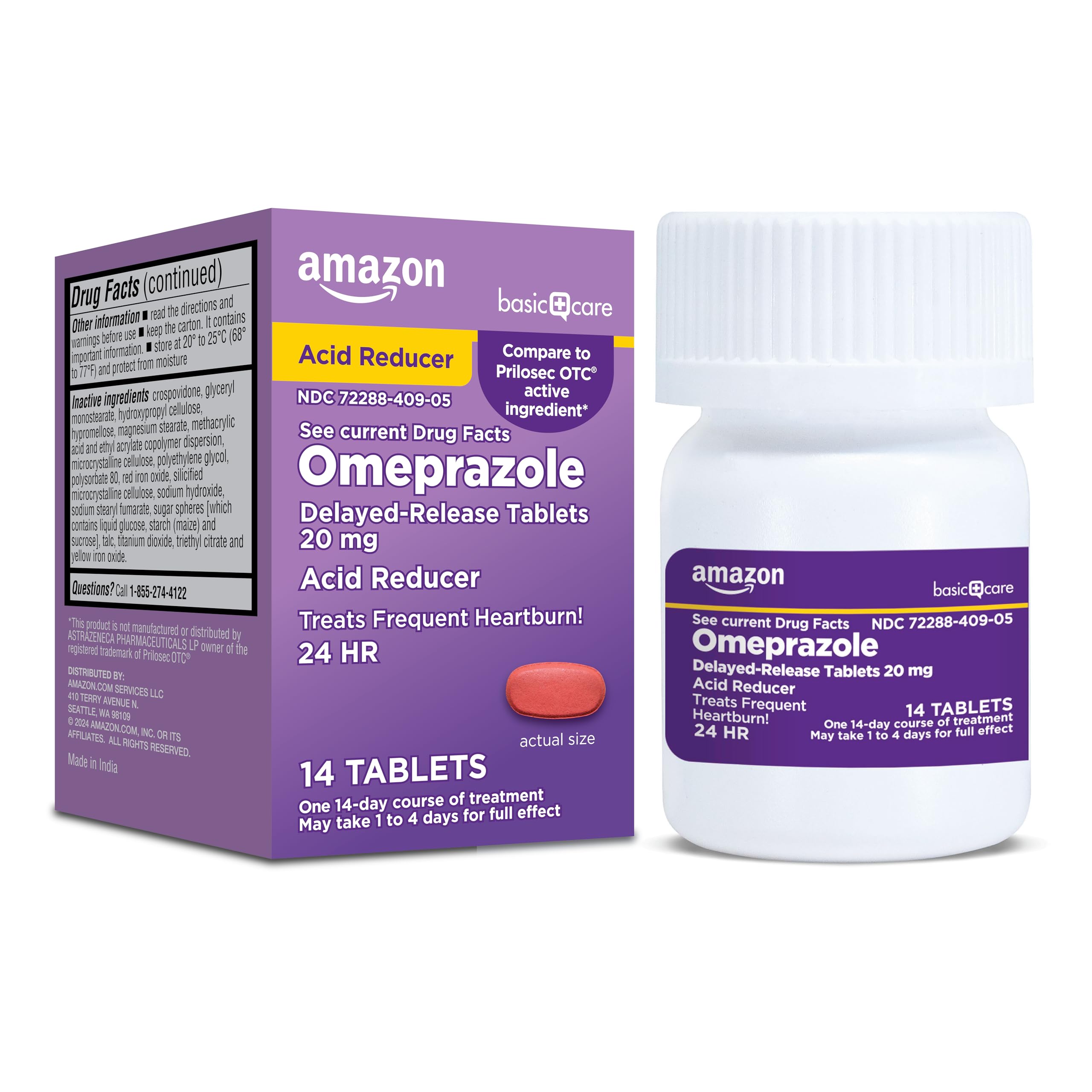 Amazon Basic Care Omeprazole Delayed Release Tablets 20 mg, Acid Reducer, 14 Count (Packaging may vary)