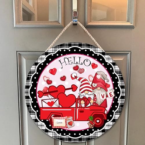 Miniatura 1 de Hello Love - Colgante redondo de madera para puerta delantera gnomo de San Valentín para colgar en la puerta delantera para el día de San Valentín