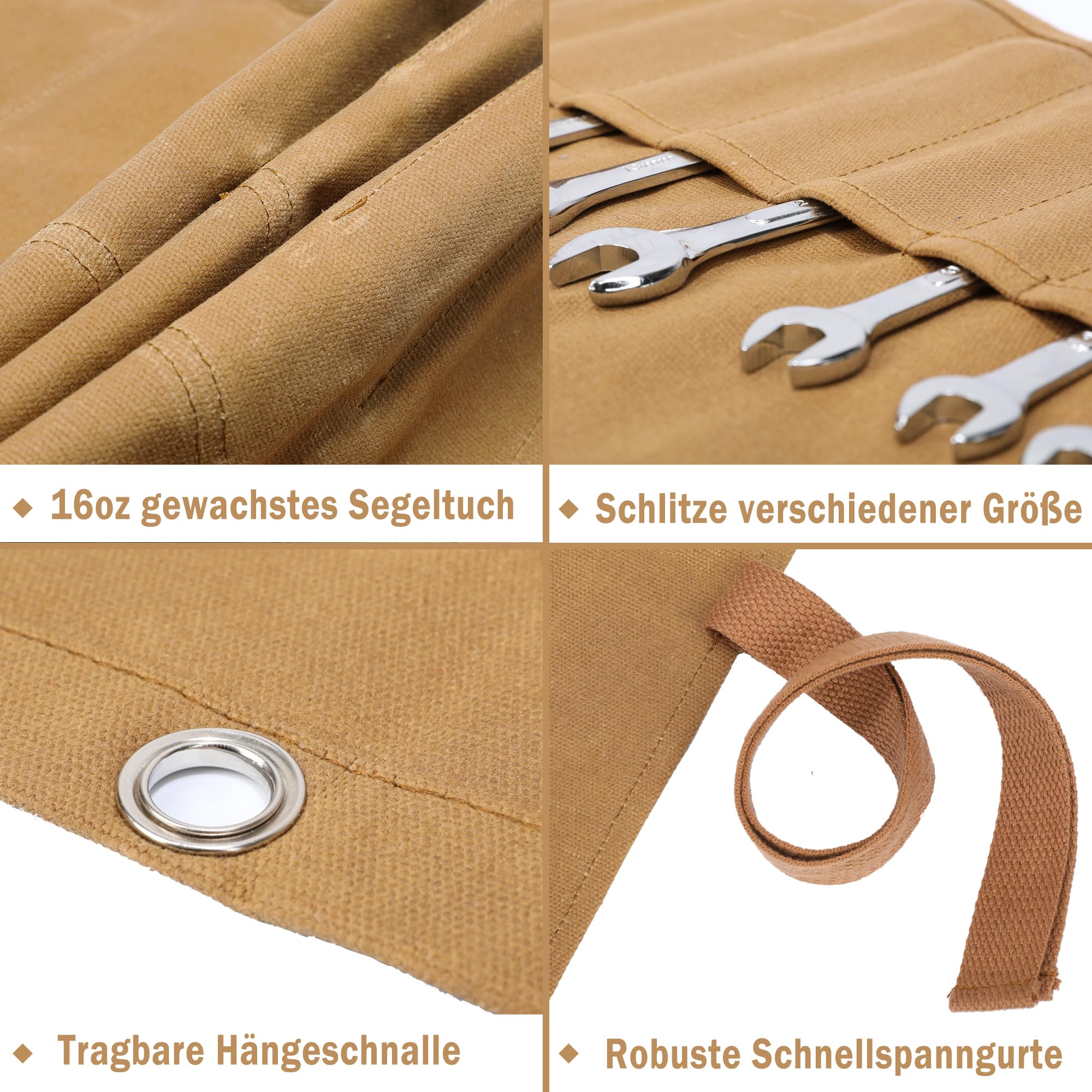 Wrench Roll, 16OZ Waxed canvas Rolling Up Tool Bag - 14 pockets - Metric & SAE Wrench Set Storage Roll, Khaki - Image 3