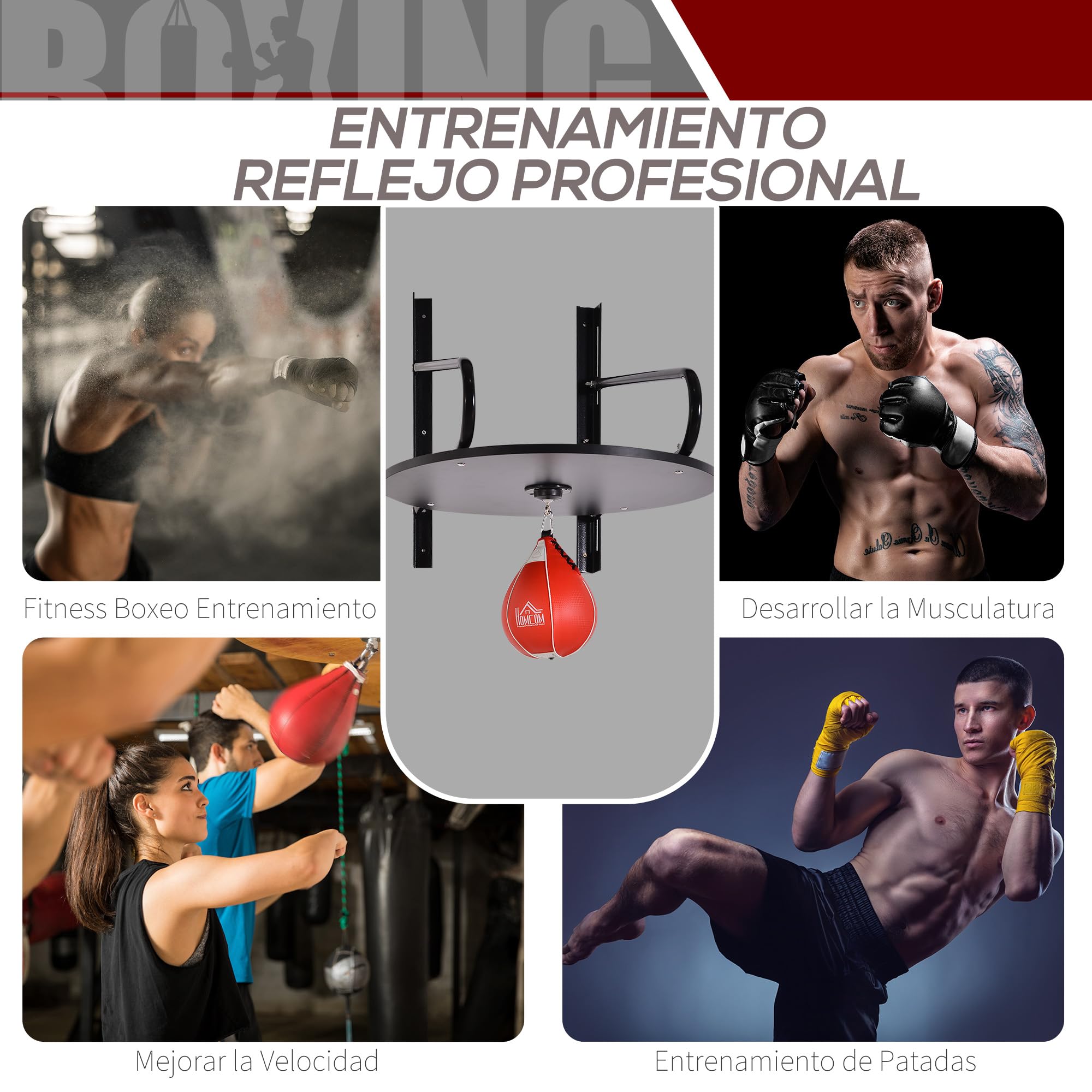 HOMCOM Pera de Boxeo con Soporte de Pared Punching Ball para Boxeo con Plataforma Ajustable en Altura Soporte Giratorio e Inflador 60x73x80 cm Rojo y Negro
