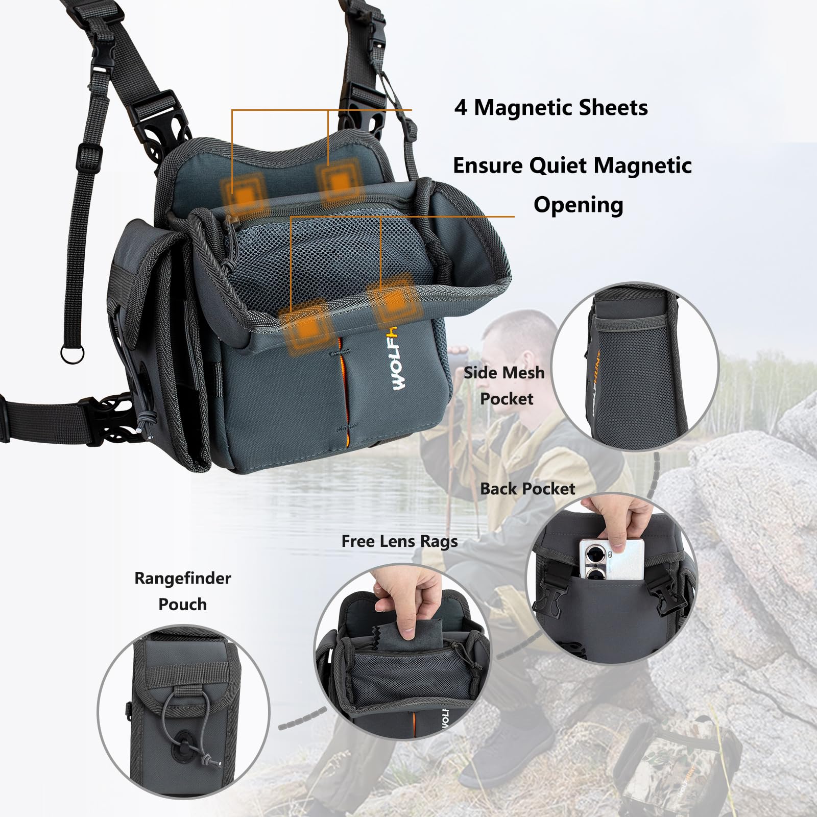 Arnés de prismáticos, Paquete de Cofre de binoculares con Bolsa para telémetro, Bolsas de binoculares de Apertura magnética, Modo de Triple Uso, Paquete de Cofre de Caza con Correas de sujeción