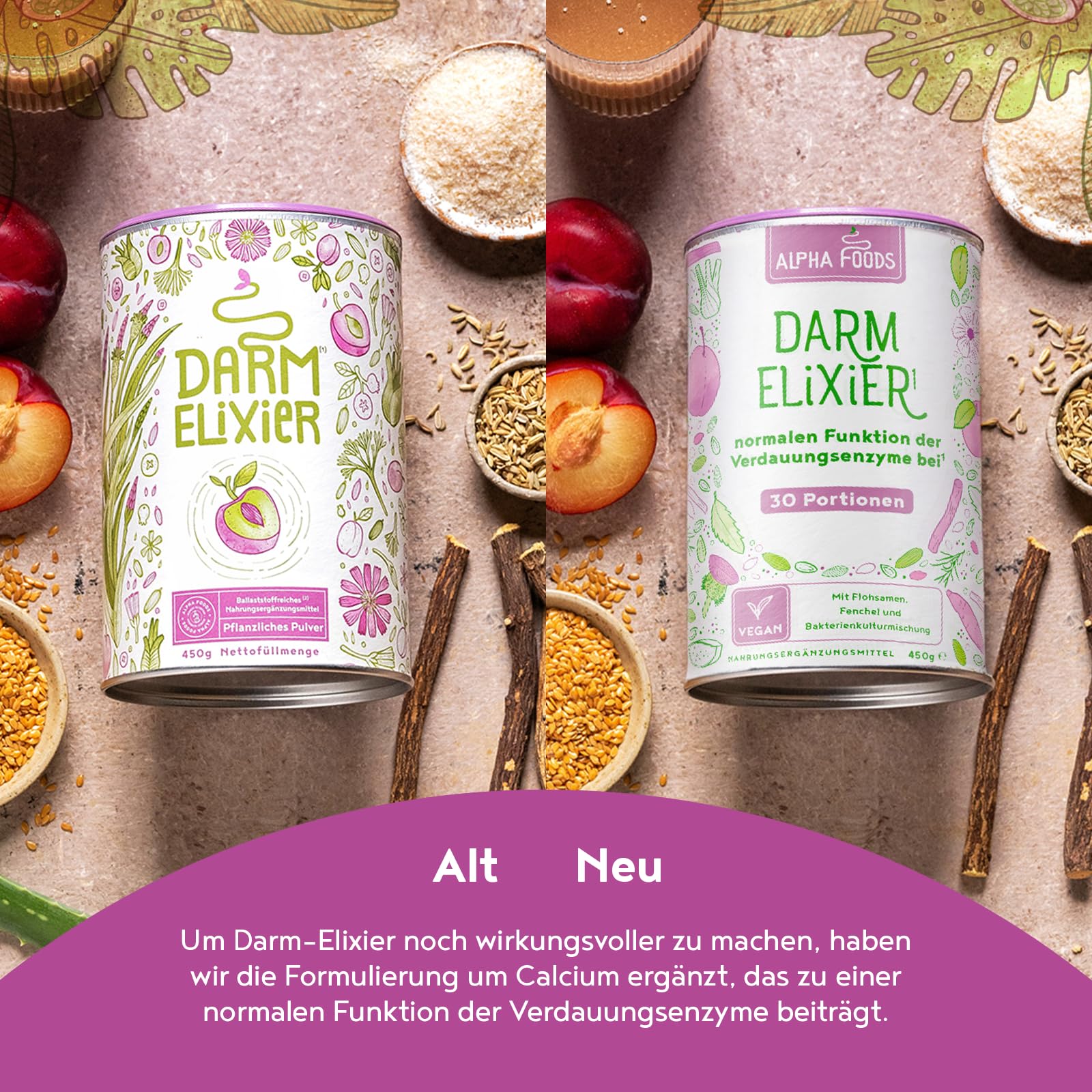 Darm-Elixier 2.0 | 450g Daily Gut Pulver | Darmkur mit Ballaststoffe & zur Unterstützung der Darmflora Aufbau | 750 Mrd KBE, Flohsamenschalen & Inulin zur Darmgesundheit | Ohne Aromen | Alpha Foods