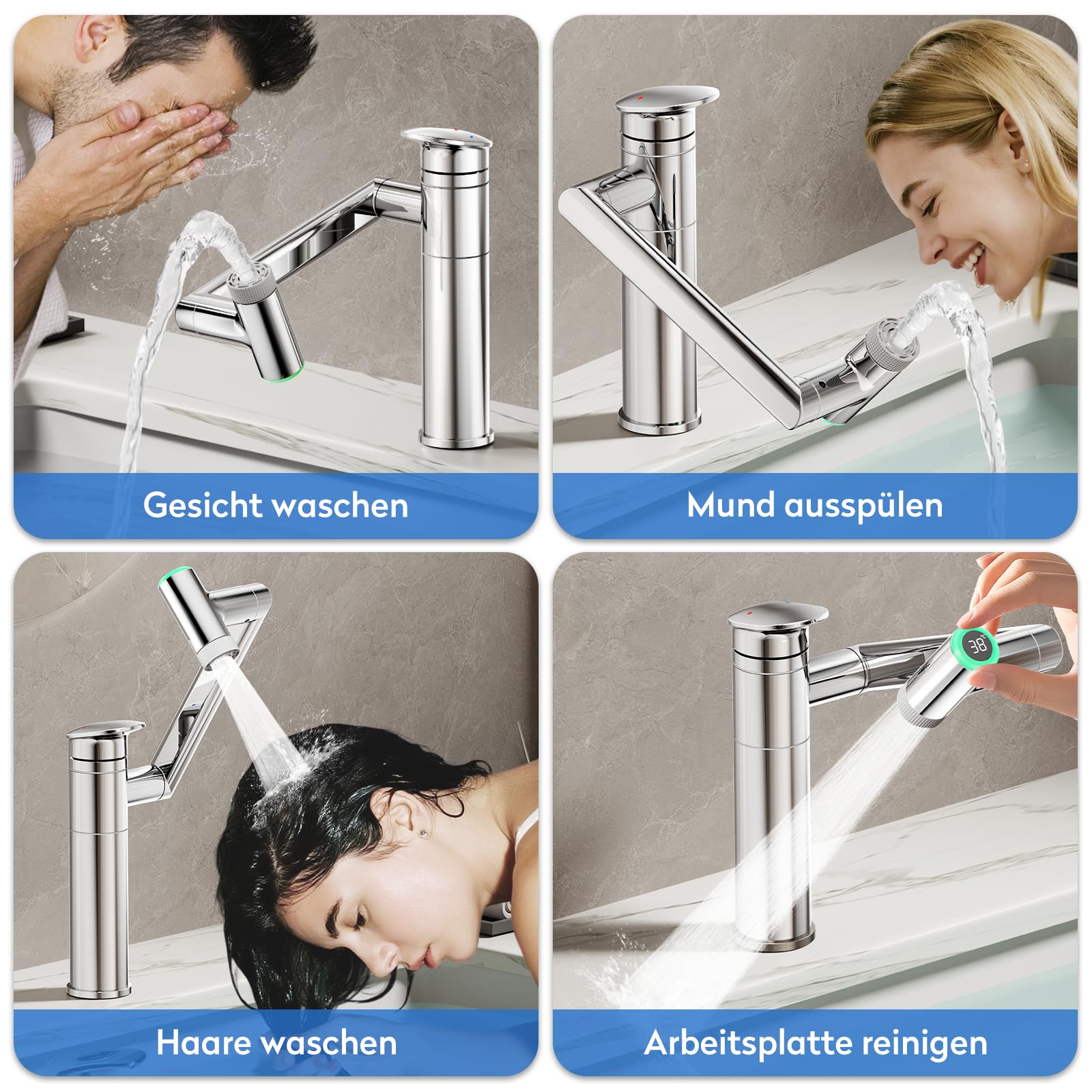 JONKEAN Chrom Wasserhahn Bad mit Temperaturanzeige(Batterielos) | 1080° Drehbar Mischbatterie Waschbecken, Moderne Armatur Badezimmer, Warm/Kaltwasser, Einfache Montage für Badezimmer, RV