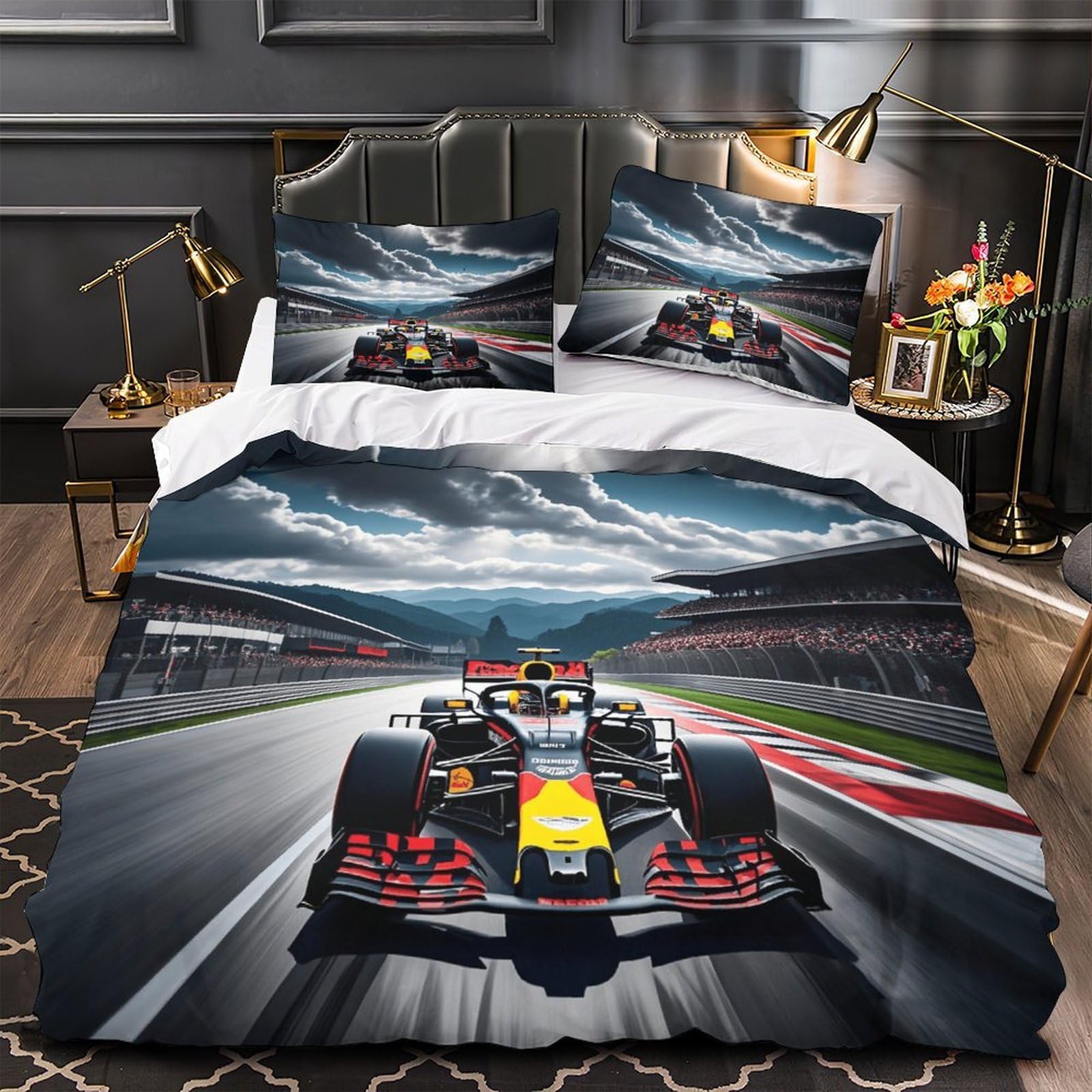 DAFUfbw Formulaa Racing Duvet Cover King（220x240cm）, Racing Car Bedding Set Soft & Cozy Percale Weave, Racing Car Comforter Cover with Zipper Closure
