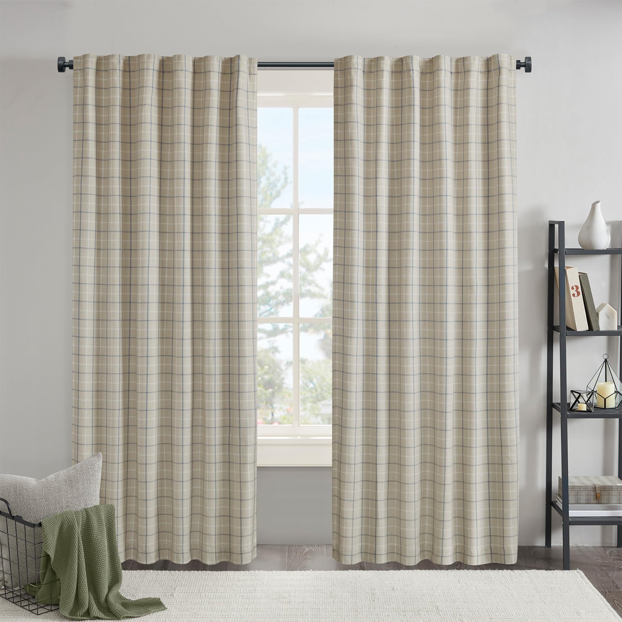 Madison Park Plaid Curtain Thermal Insulated, 1 Panel, 50x84 Linen Blue