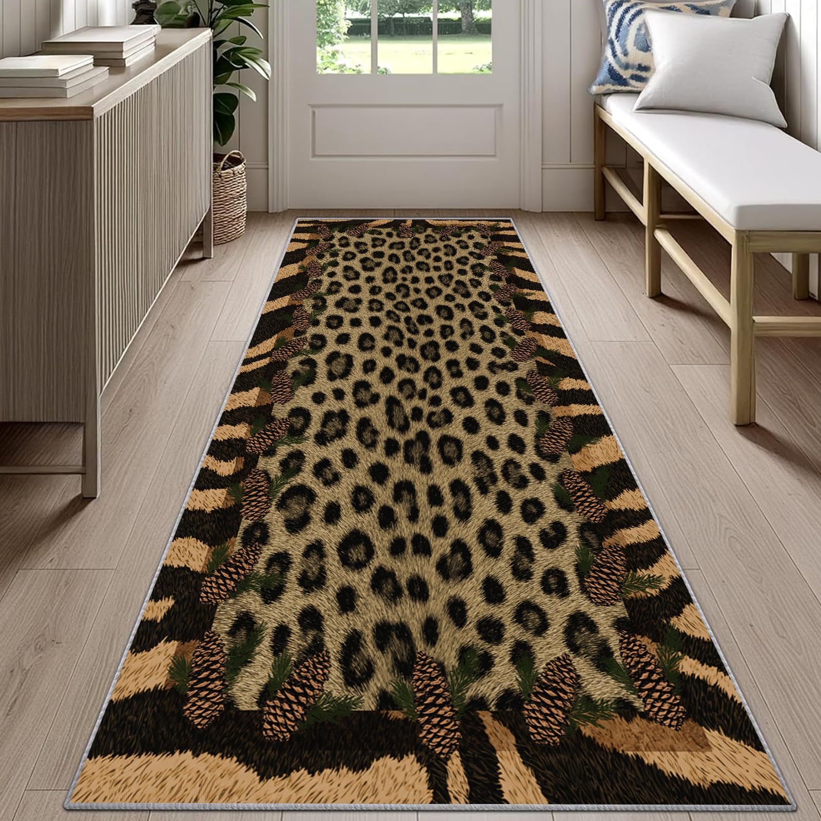 Rustic Cabin Cheetah Print Carpet Runners for Hallways 60x300cm Brown Leopard Carpet Runner, Animal Print Long Area Rug, Non Slip Washable Rugs for Living Room Bedroom Bedside