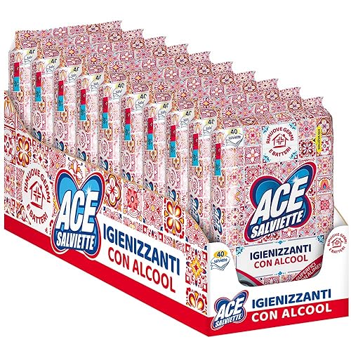 Ace Salviette Igienizzanti con Alcool, Cartone da 10 Pacchi x 40, 400 unità