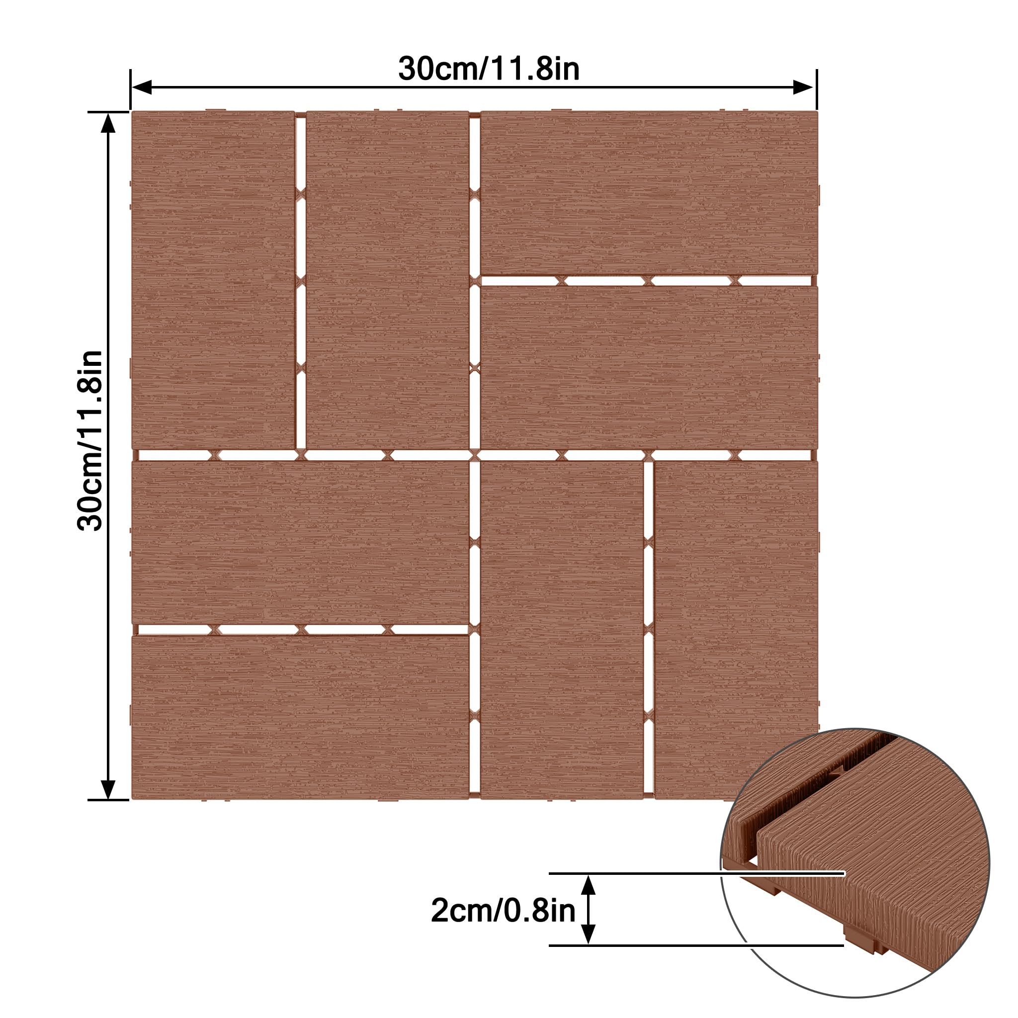 UISEBRT Piastrelle per terrazze e balconi, effetto venature del legno, piastrelle a incastro, per balcone, giardino, resistenti alle intemperie, con funzione di drenaggio, 30 x 30 cm, colore marrone