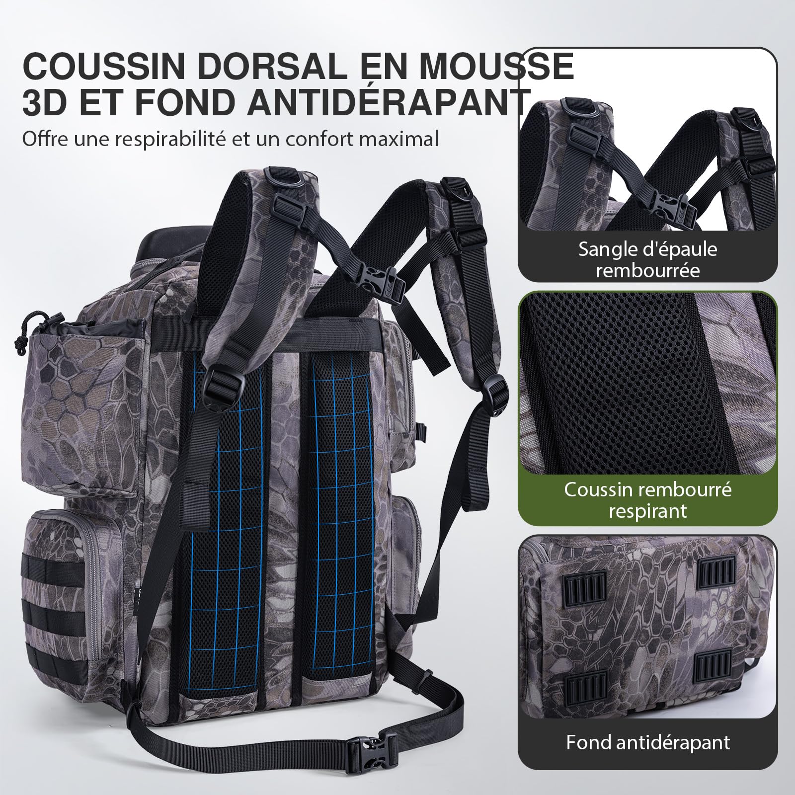 Goture Sac de pêche 45 L Tissu Oxford 900D Dos Souple résistant à l'eau avec Porte-Cannes et Housse de Pluie