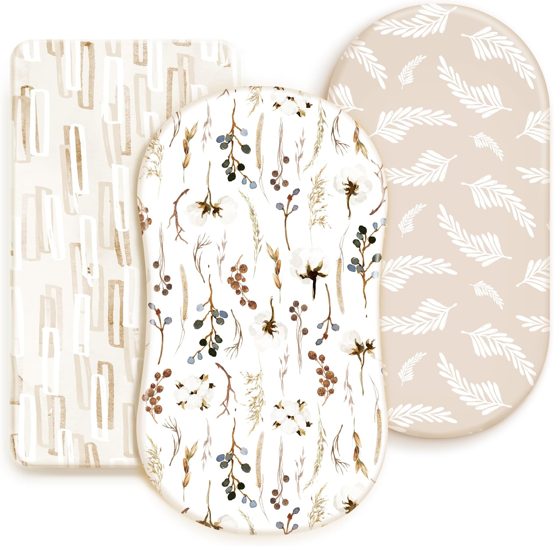 GRSSDER Stretchy Ultra Soft Fitted Bassinet Sheet Set 3 Pack, Universal Fit for Bassinets Baby Cradle Moses Basket Oval Rectangle Mattress Safe and Snug, Stylish Pretty Flora for Baby, Beige