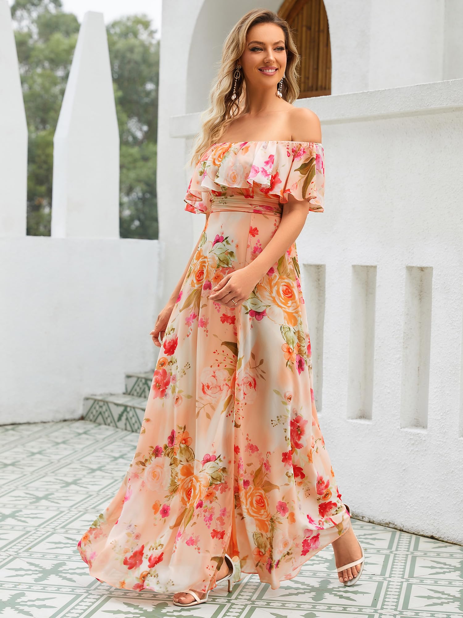 Ever-Pretty Damen Abendkleid A-Linie Chiffon Off Shoulder Dekolletiert Ärmellos Rüschen Hohe Taille 00969