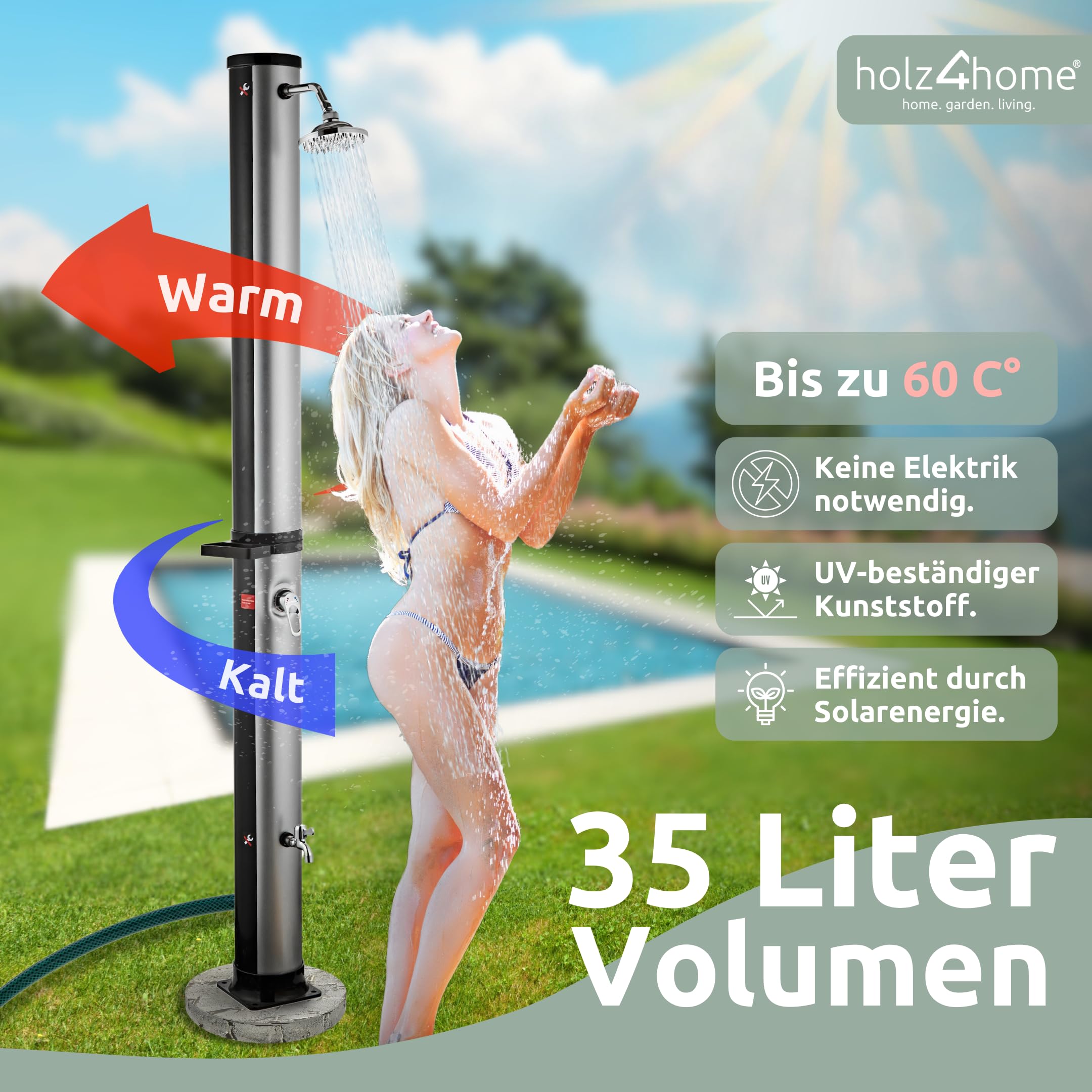 holz4home® Solardusche Gartendusche I Aussendusche mit Warmwasser bis 60°C I Outdoordusche für Garten & Pool inkl. Schutzhaube, Wasserhahn und Seifenablage