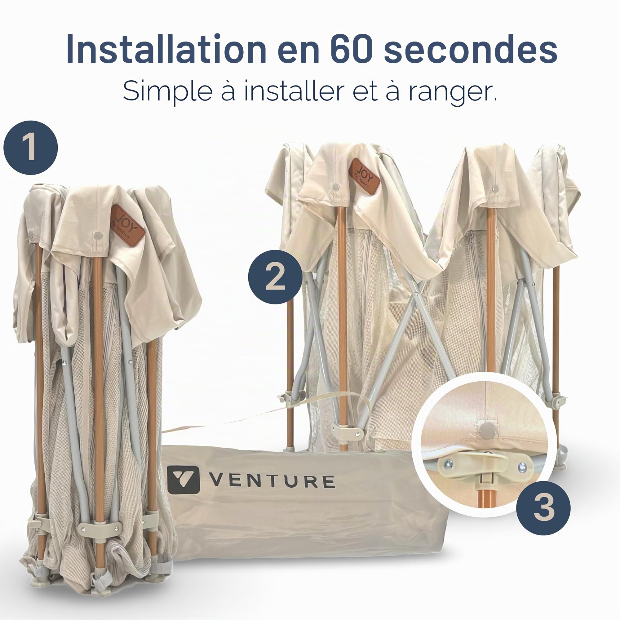 Venture All Stars Joy Grande boîte de rangement pliable portable pour bébé et enfant en maille respirante et tapis moulant, facile à installer, avec sac de voyage Taupe