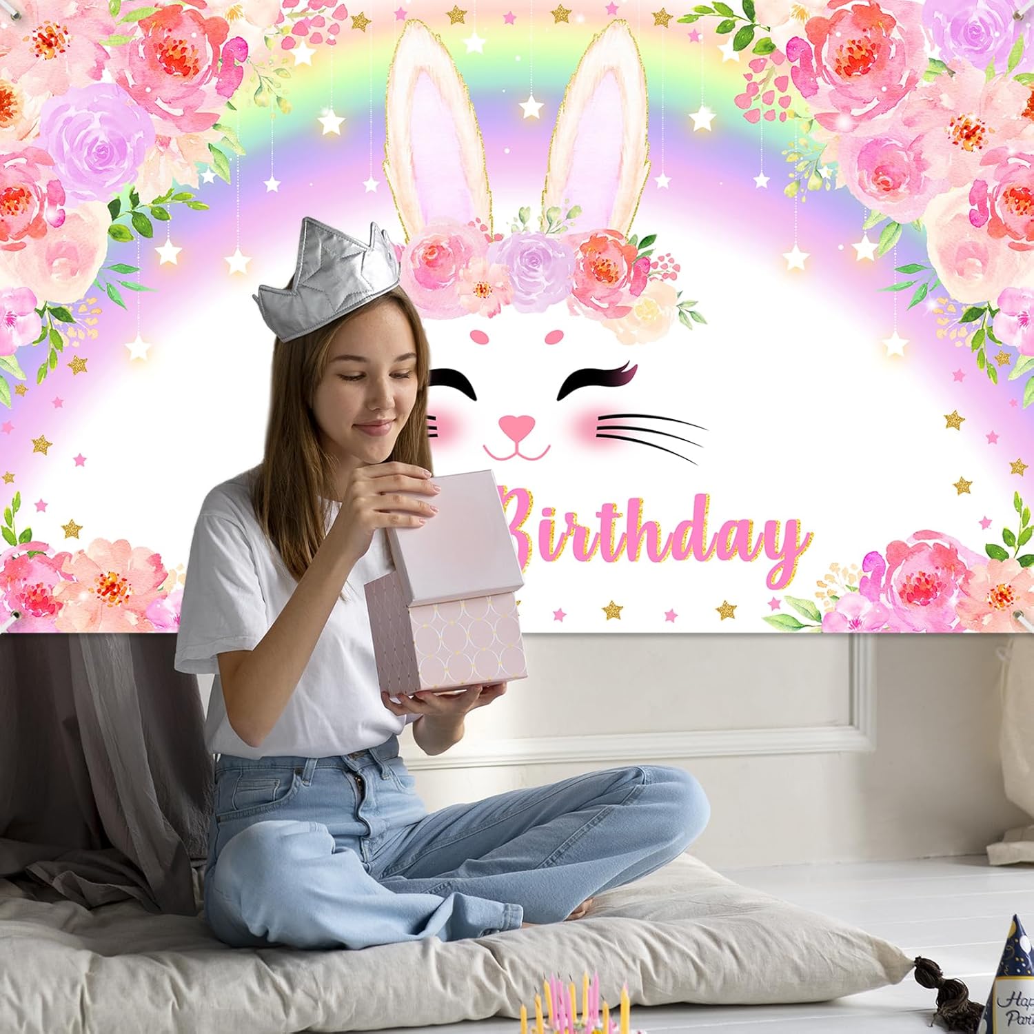 Avezano Bunny Birthday Banner Pink Floral Rainbow Bunny Happy Birthday Party Decorations Bunny Birthday Banner Decorations for Girls Rabbit Spring Easter Birthday Party Supplies 70.8 x 43.3 Inch