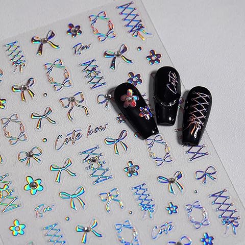 5D Embossed Laser Bow Nail Art Stickers Rose Gold Ribbon Nail Stickers Self-Adhesiv...