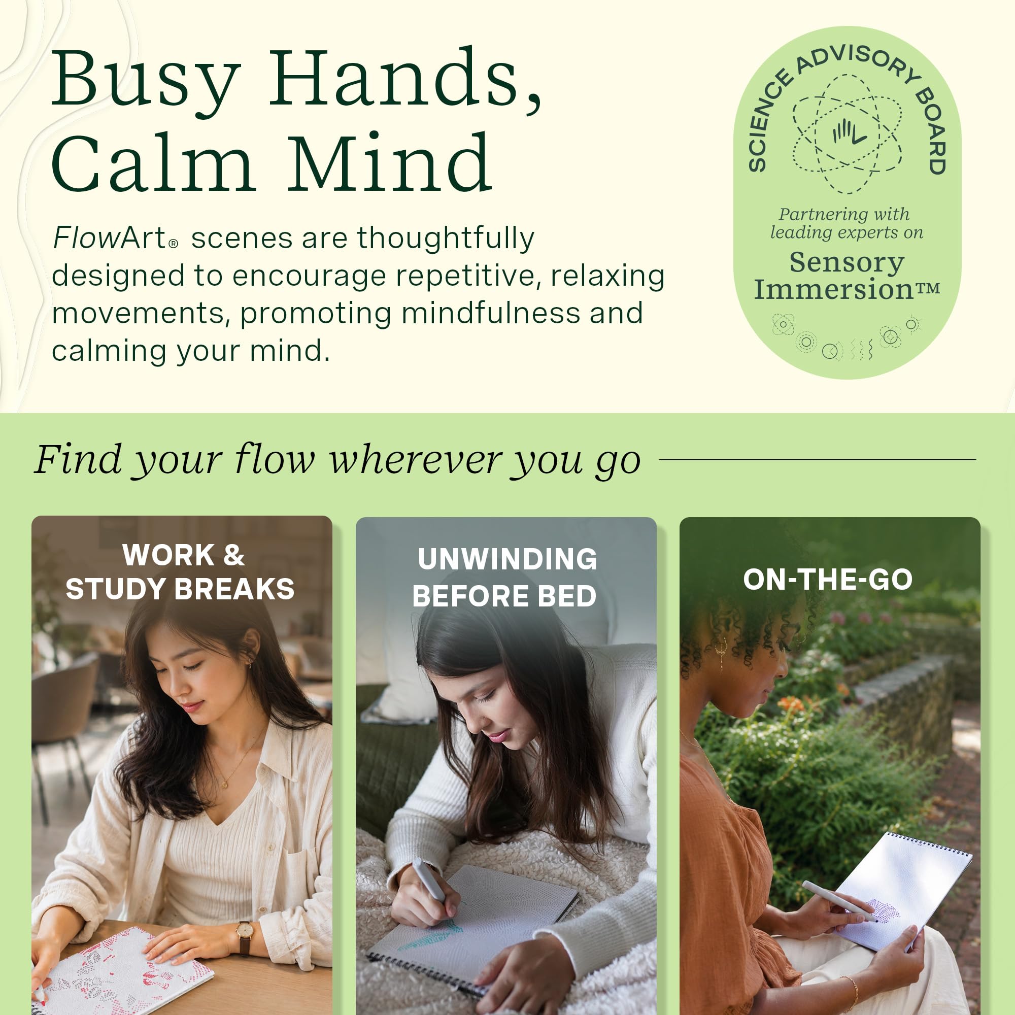 Lifelines FlowArt - Blocco per attività artistiche, 3 pezzi, libri da colorare per meditazione artistica guidata | 12 pennarelli bifacciali, 60 scene – meditazioni guidate a puntini per adolescenti, adulti e anziani – in attesa di brevetto
