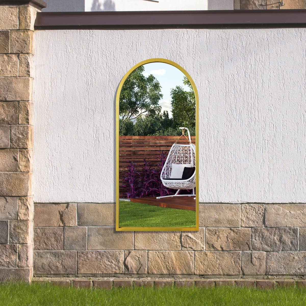 MirrorOutlet The Arcus - Gold Metal Framed Modern Arched Garden Wall Mirror 47" X 23.5" (120CM X 60CM) Black. 2cm Wide Frame and 3cm Deep.