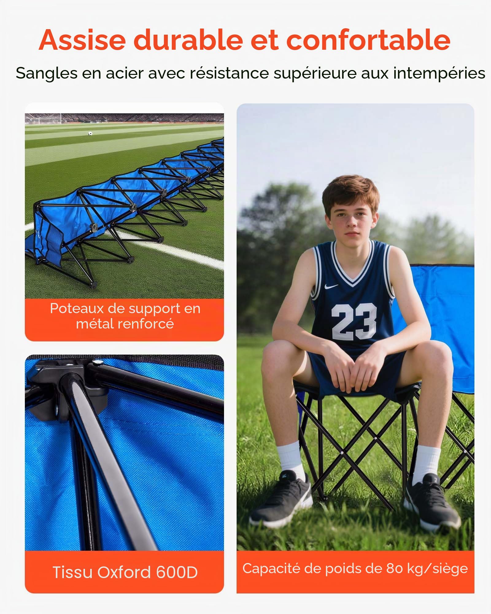 VEVOR Banc Pliant Portable à 8 Places, Banc de Camping Pliable avec Poches de Rangement et Sac de Transport, siège latéral léger avec Dossier pour Football, Baseball et événements en Plein air, Bleu