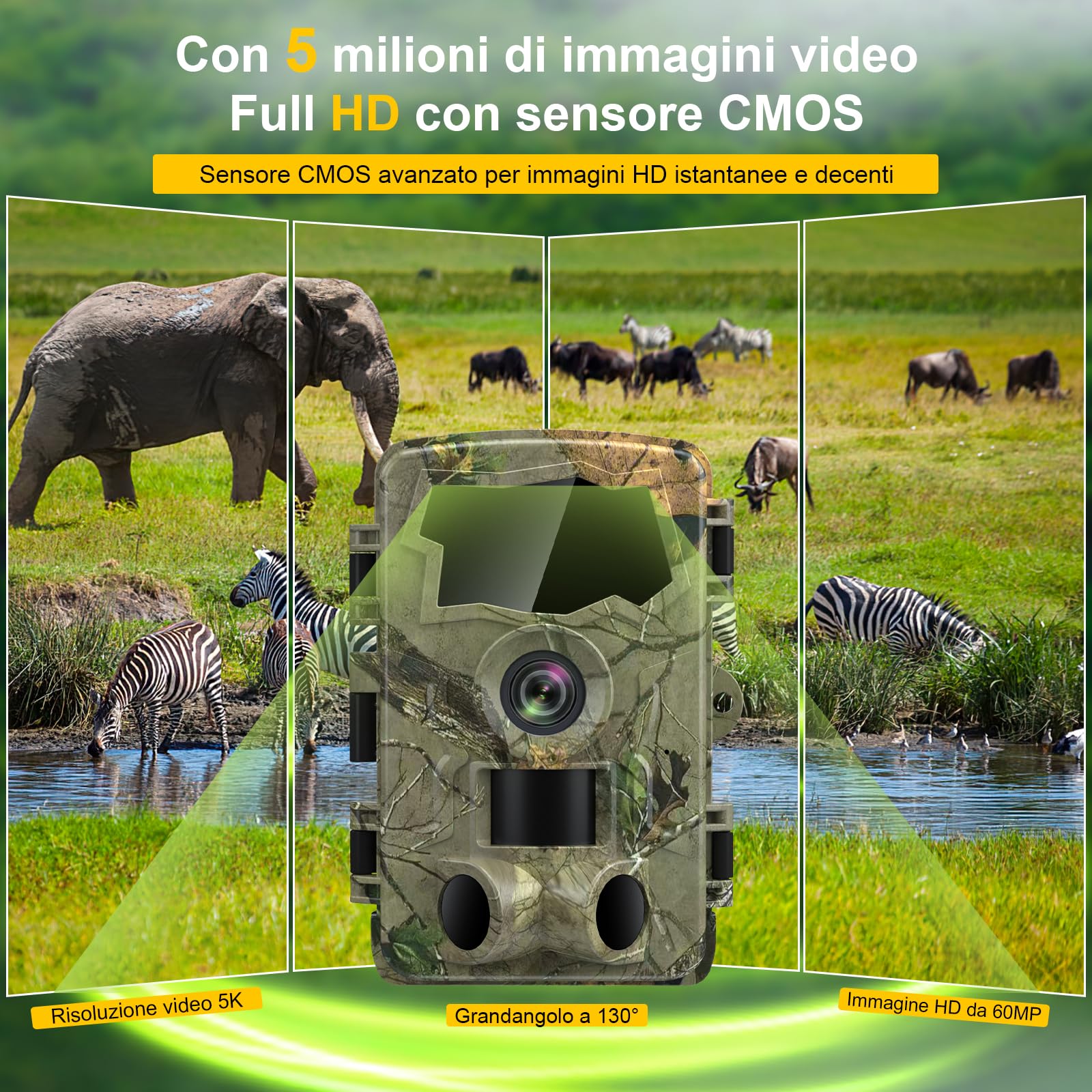 Lutranstra Fototrappola selvaggia da 5 K, Wi-Fi, 64 MP con trasmissione del cellulare, Fototrappola Notturna per animali selvatici a infrarossi con scheda SD 32 G e 8 batterie AA, sensore di movimento